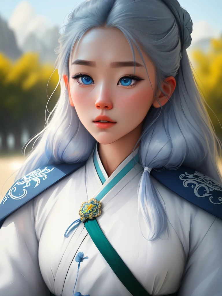 "An absolute masterpiece! Created by Sam Young (Samdoesart) with incredible detail and craftsmanship in ultra-detailed CG unity 8k wallpaper. The image of the girl has many unique details: beautiful blue eyes, multi-color hair, including silver, red, yellow and green, white clothes with a blue ribbon around the neck.Slight hint of wuxia.A wide range of angles and emotional poses emphasize the dynamism and floatation of a certain musical track.All in all, a dream work, beautiful both in the near and far."