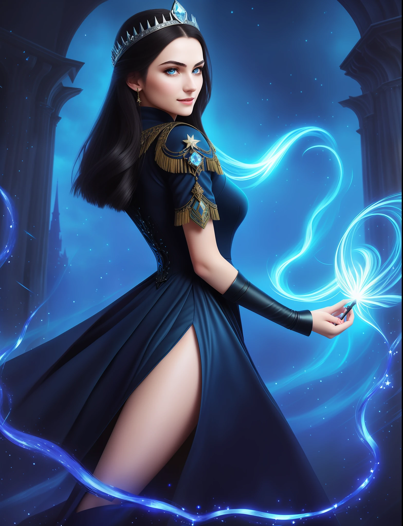 Realistic artwork, Woman 1, young and sensual appearance, straight dark hair down to her back, deep blue eyes, black eyebrows, elegant witch dress, star-shaped medallion, blue fire in her hands, mischievous smile, intimidating look, background of a dark and gloomy castle, a crown of deep blue will-o'-the-wisp, silver rings on its dense forefinger,