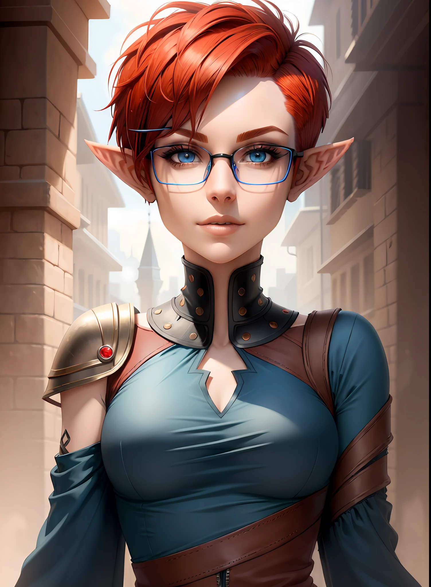 (((headshot))) (((Masterpiece))), best quality, ultra-detailed CG unity 8k wallpaper (1girl:1.3) ((androgynous female)) ((short red pixie cut hair)), ((blue eyes)), ((black glasses)) ((elf ears)) (soft smile)