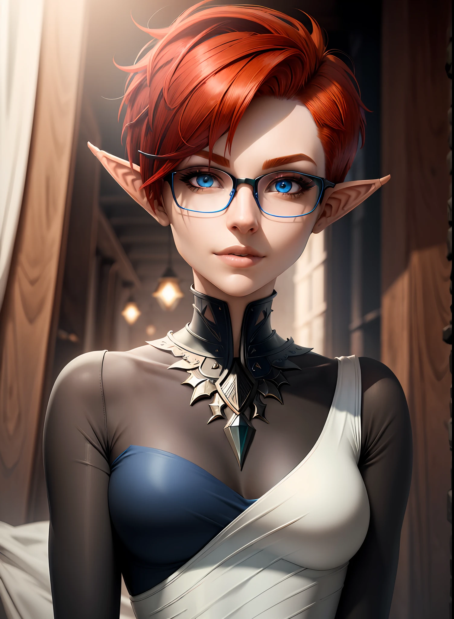 (((headshot))) (((Masterpiece))), best quality, ultra-detailed CG unity 8k wallpaper (1girl:1.3) ((androgynous female)) ((short red pixie cut hair)), ((blue eyes)), ((black glasses)) ((elf ears)) (soft smile)