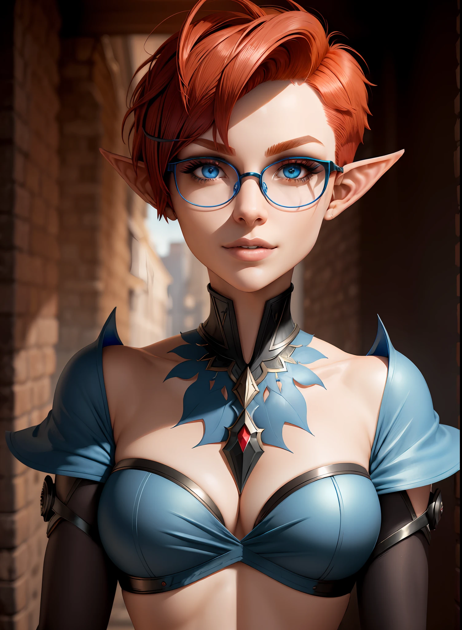 (((headshot))) (((Masterpiece))), best quality, ultra-detailed CG unity 8k wallpaper (1girl:1.3) ((androgynous female)) ((short red pixie cut hair)), ((blue eyes)), ((black glasses)) ((elf ears)) (soft smile)