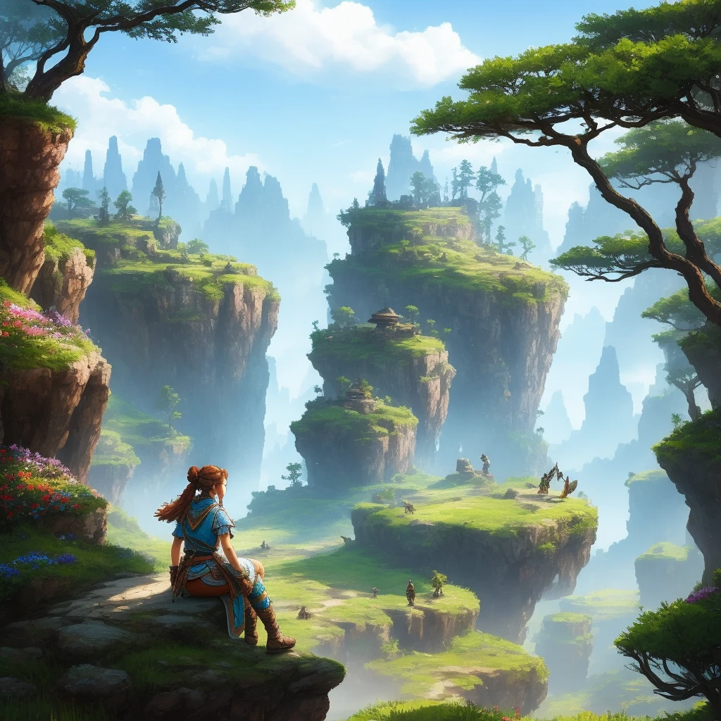 aloy, fantasy world in background, trees, rocks, flowers, best quality, striders horizon in background zero dawn style, sittin on stomp