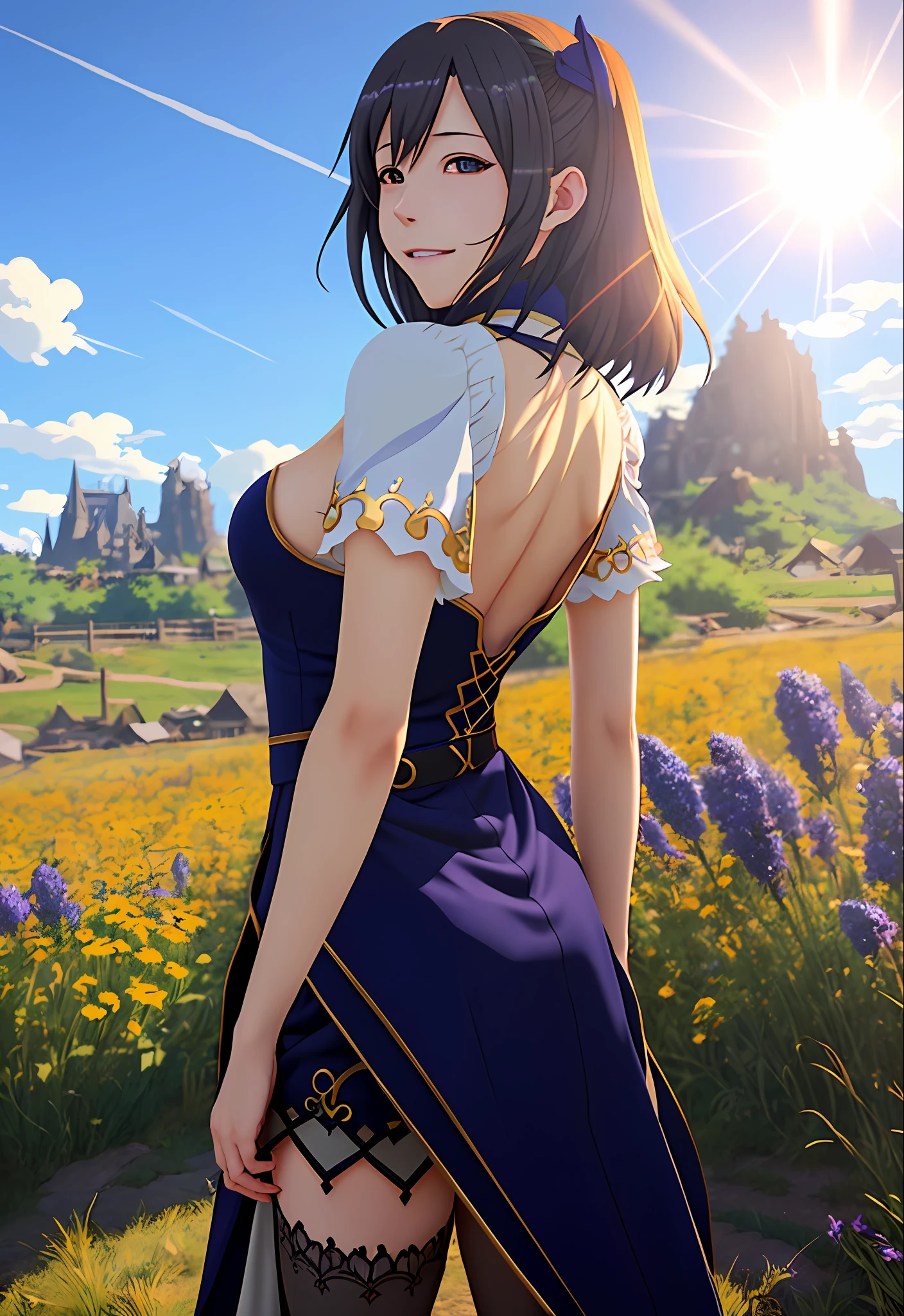 A young beautiful witch, smiling, back (full body, detailed face), detailed cleavage, outdoor, stockings, blue sky, natural lighting, anime style, (8K, UHD, hires, high resolution, best quality), 1girl, masterpiece, hyperdetailed, realistic lighting, realistic, low angle camera, (high quality anime, by Makoto Shinkai), lisa \(genshin impact\)