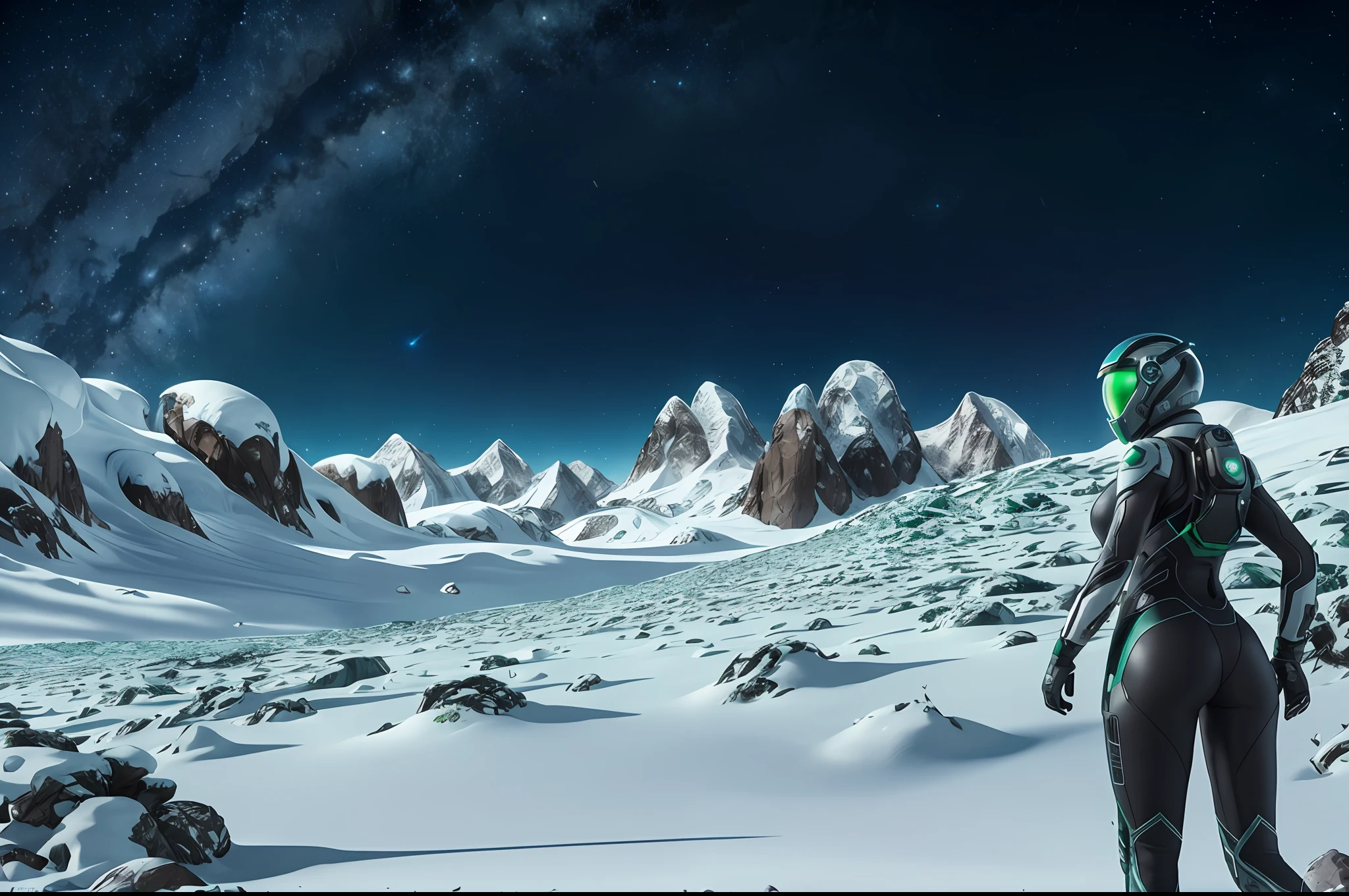 Alien planet landscape, futuristic research facility, snowy mountains in background, green alien vegetation, rocky mountainous environment, extremely realistic highly detailed wide angle shot, canon 5d, rear angle shot of beautiful female scientist in cybernetic spacesuit and helmet , athletic body, tights --v6