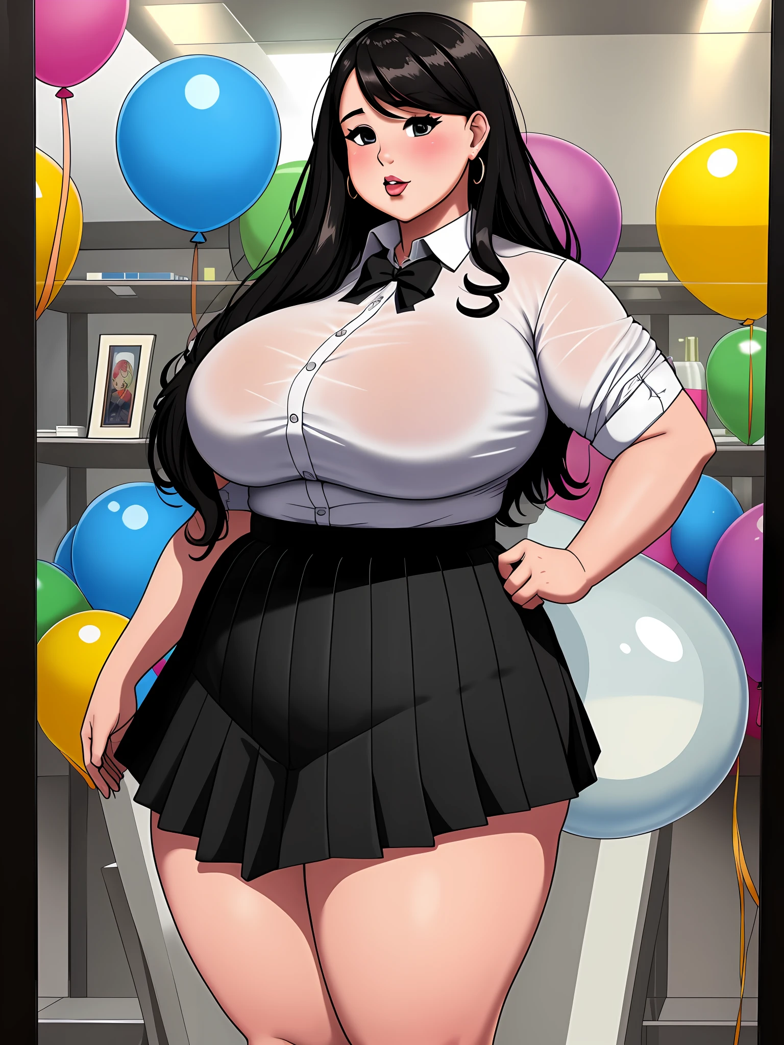 Fat ssbbw girl, a woman standing in front of a display case, tattoo sleeve on her right arm, school uniform, shirt, balloons, excessivism, huge black circle, layered skirts