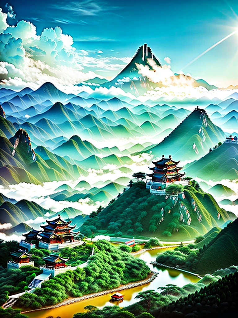 Shandong Penglai Pavilion beautiful scenery,Sea of Clouds,Sunrise,Clouds in the mountains,Mountains in the clouds,Aerial photography,Super high definition,Surreal,16k --ar 3:4