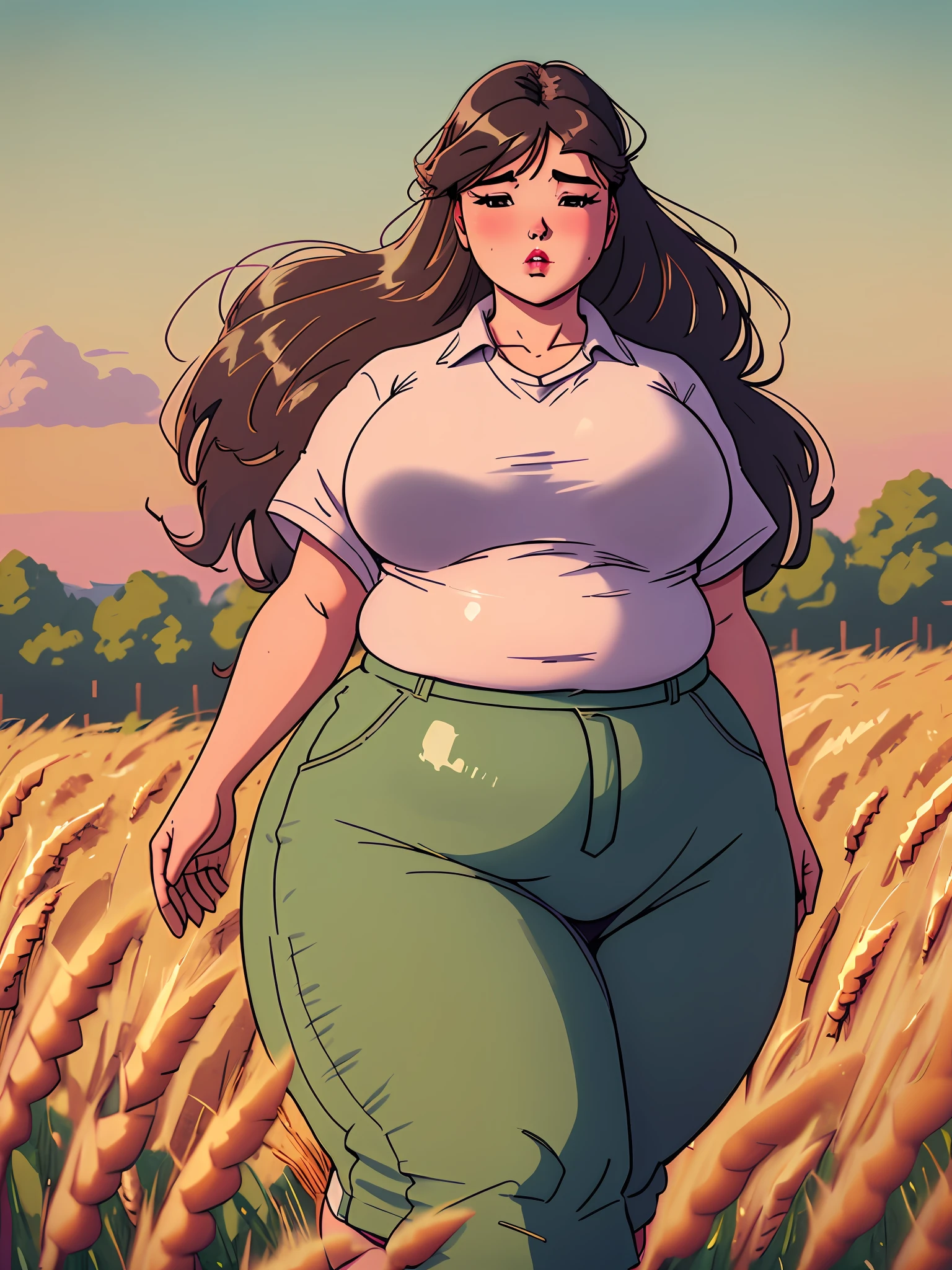 Fat ssbbw girl, a woman standing in front of a metal fence, trending on bbwchan, 4 limbs and civilized behavior, walking through a field of wheat, the wind moves her shirt, photo of slim girl, calf, tumors, inflateble shapes, awful, bixbite, round-cropped, asking for change, grandfailure, beautiful model