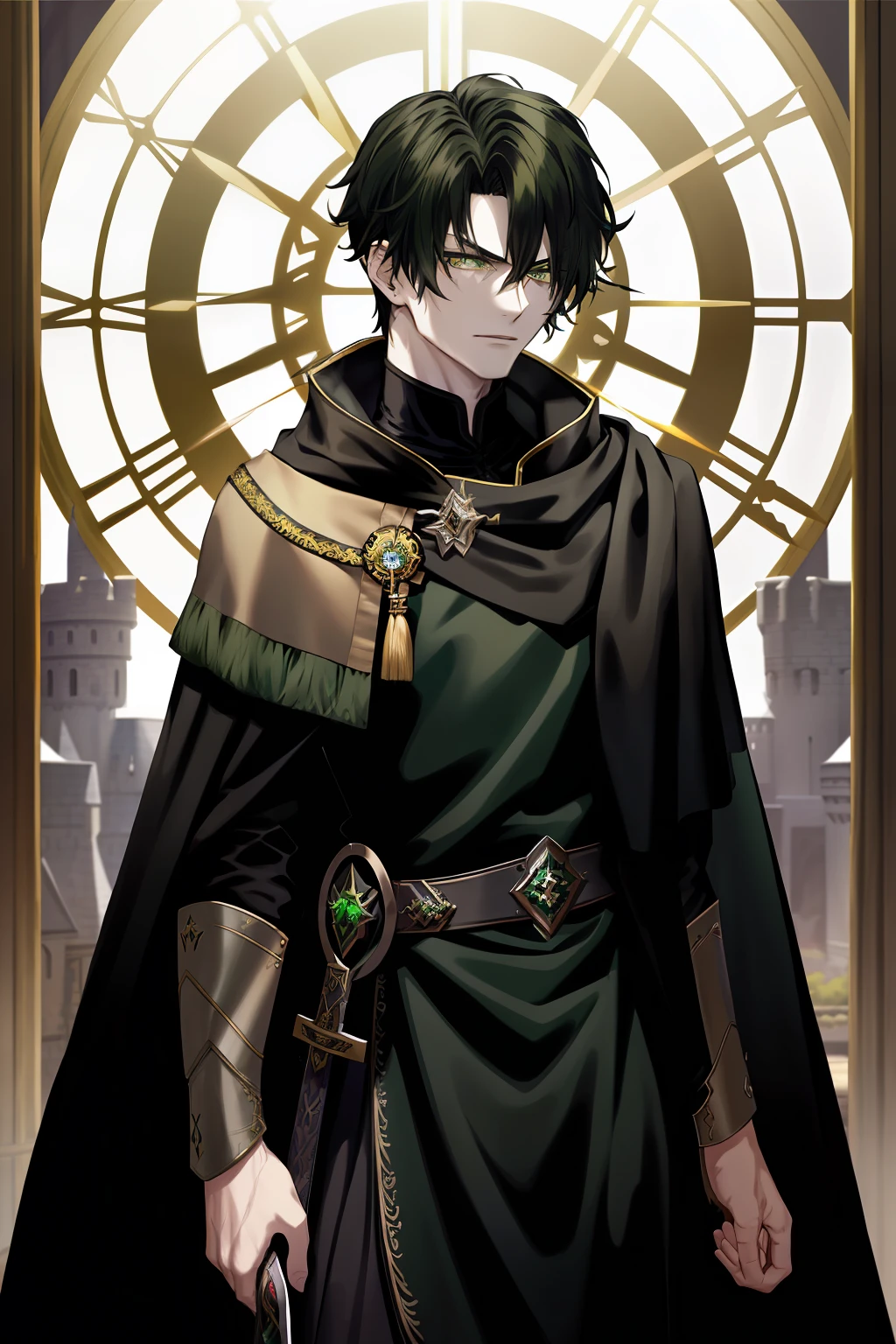 Realistic artwork, male 1, hair color black, parted hairstyle with green tips, emerald eyes, pale skin, dark princely attire, a scar on his left cheek, dark cape with green embroidery, spiritual symbol on the cloak, a sword in his left hand with dark aura, a castle in the background, clocks around him, evil expression,