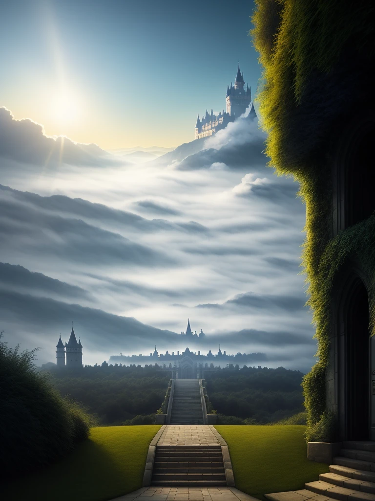 A HD epic CG matte painting，Black Sea of clouds, rose garden, hell, walk up a light door in the clouds through the stairs. Outside the door is the castle, blue light, tintal light effect, yellow firefly, by James Gurney，cgsociety，vary，Maxwell，ultrawide shot，4K.