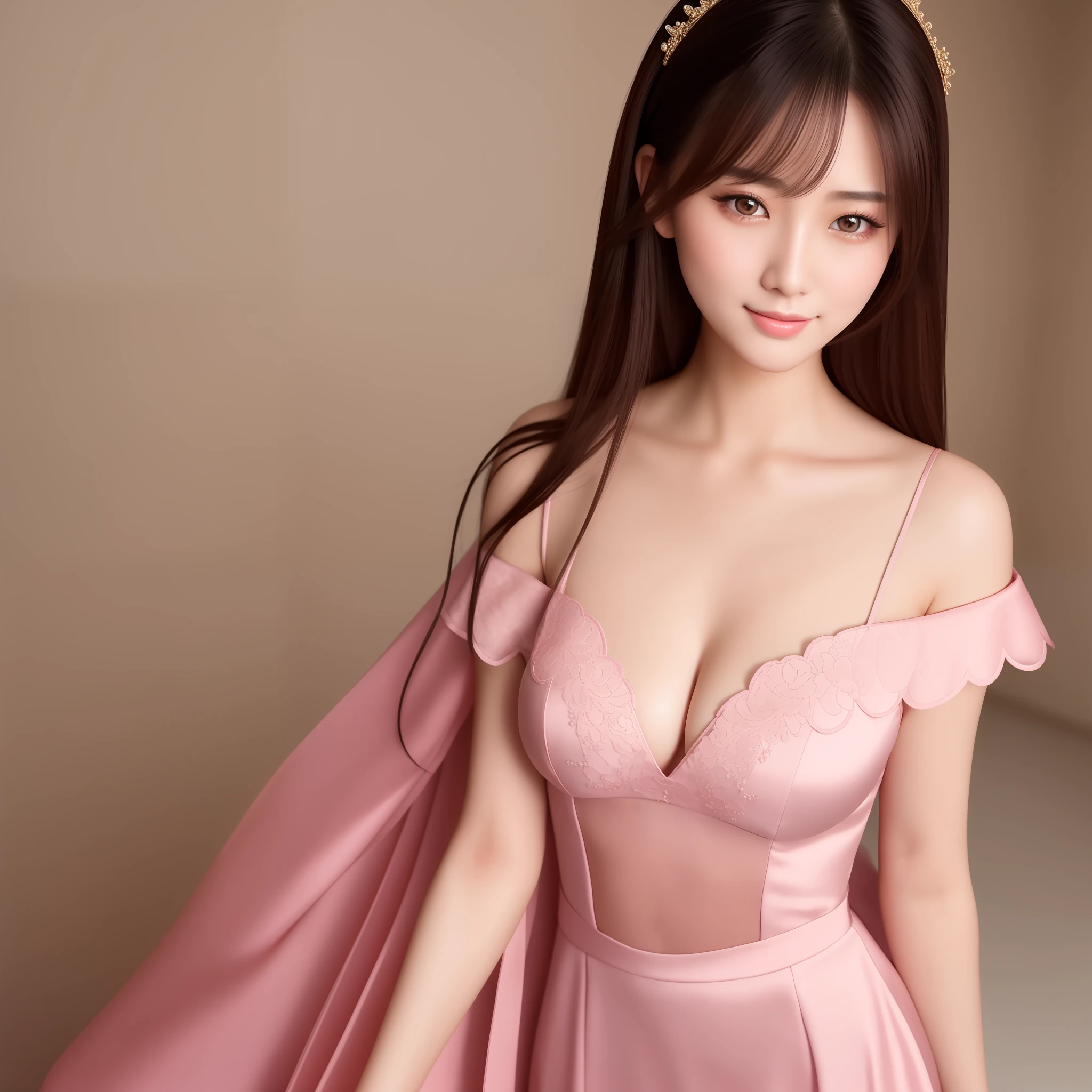 A sexy and alluring Chinese beauty, delicate and charming face, pink lips, attractive collarbone, square chin, smiling, happy, shoulder-length long hair, off-the-shoulder long dress, ultra-realistic, ultra-high-definition, very detailed, real person skin
