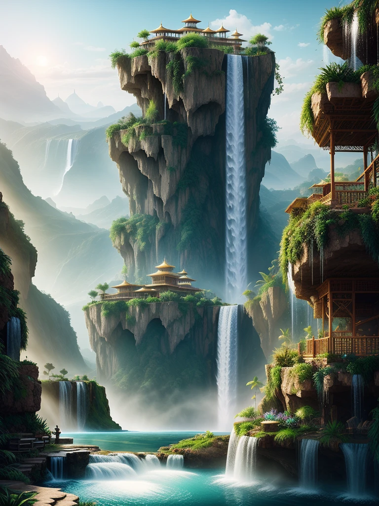 expansive view,Hanging gardens of Babylon, waterfalls, water,by AKA Beeple and Thomas Kinkada,light effect, artstation, high-definition picture, Unreal Engine