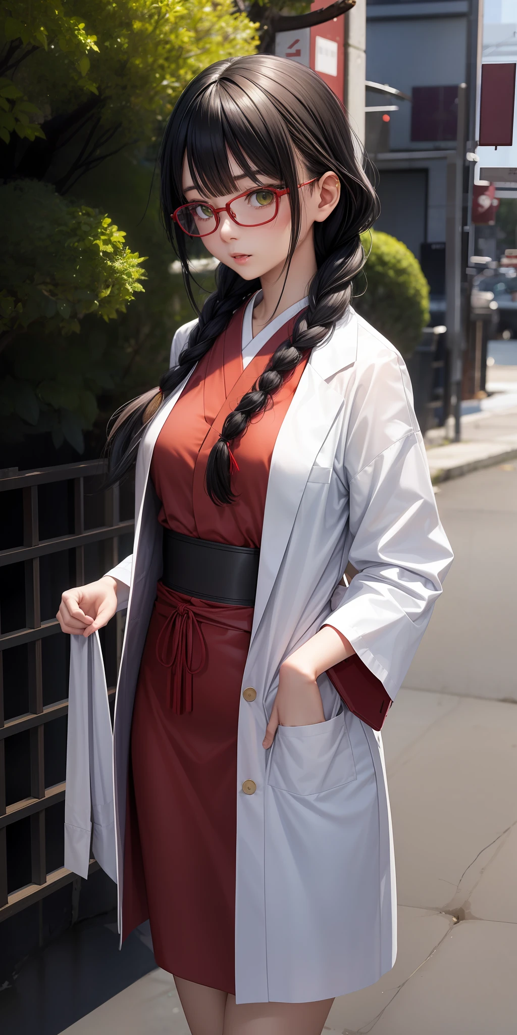 A 25-year-old Japanese woman, thin build, small breasts, black hair, braided hair with bangs, green eyes, red glasses, wearing a doctor's gown. Make a serious, hasty expression walking