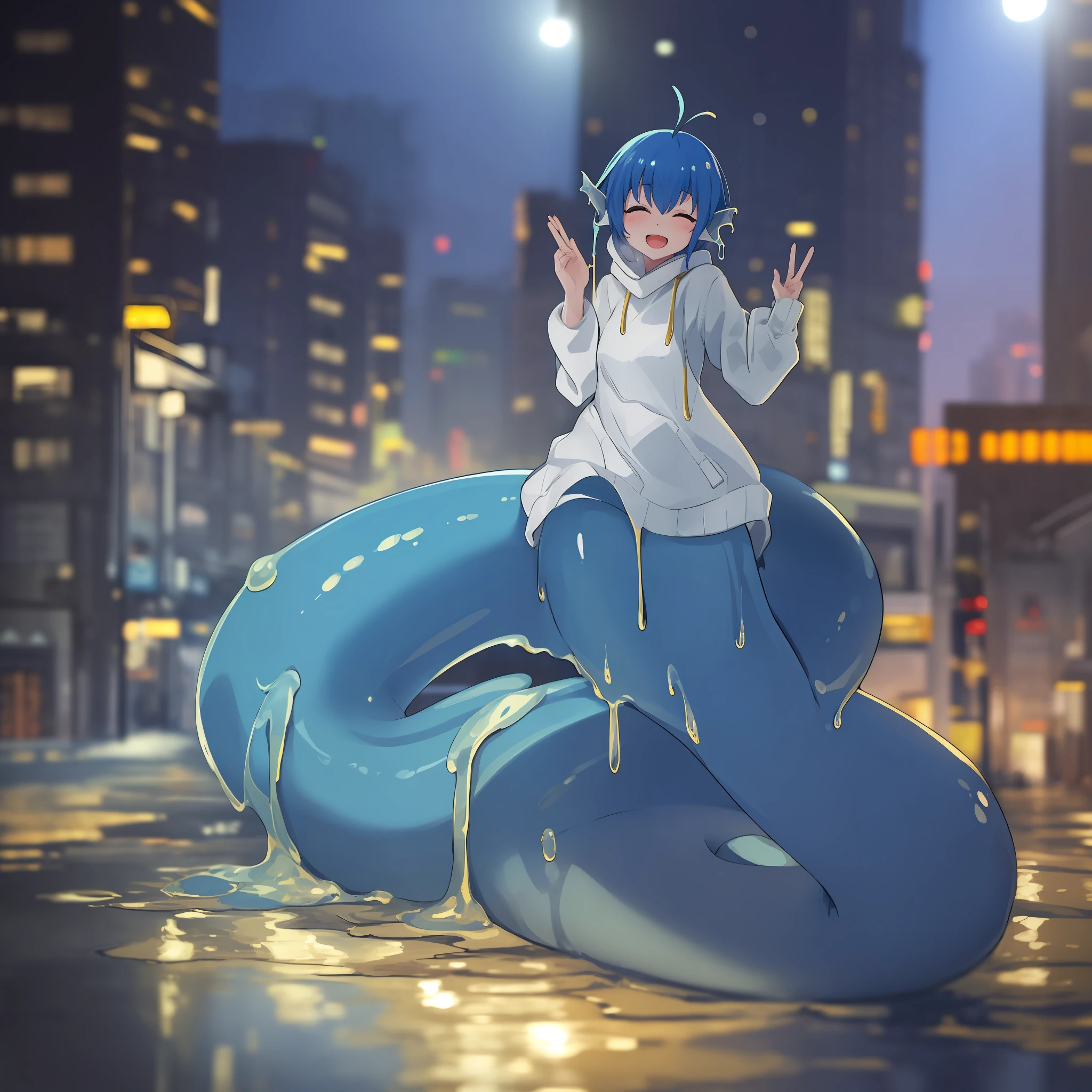 1girl, blue hair, gold eyes, white sweater, lamia, slime, scales, tail, standing, slime \(substance\), melting, depth of field, volumetric lighting, 4k, 8k, 16k, full body, highres, city, evening, happy, eyes closed, open mouth, streets, antennae,