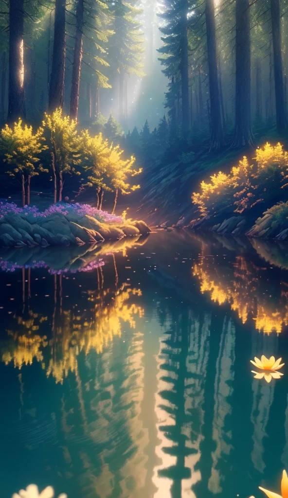 Masterpiece, best quality, (highly detailed CG unity 8k wallpaper), (best quality), (best illustration), (best shadows), glowing sprite, RDR 2, fish in the water, natural elements in a forest theme. Mysterious forest, beautiful forest, nature surrounded by flowers, (particle effects), etc. 3D , Octane rendering, ray tracing, super detail