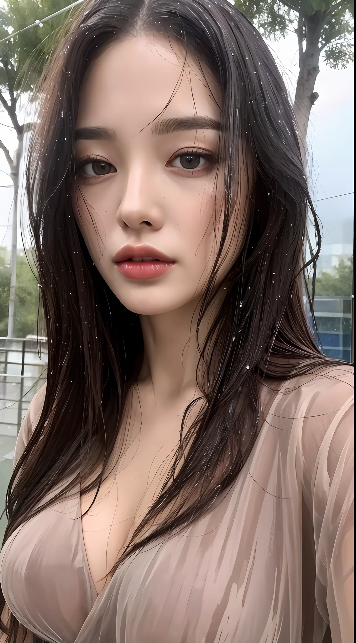 (Best quality, 4k, Masterpiece :1.3), pretty woman, 1girl, (breasts, perfect body :1.2), dark brown hair, (rainy wet, wet from rain, wet body :1.2), ultra-detailed face, detailed lips, detailed eyes, double eyelid