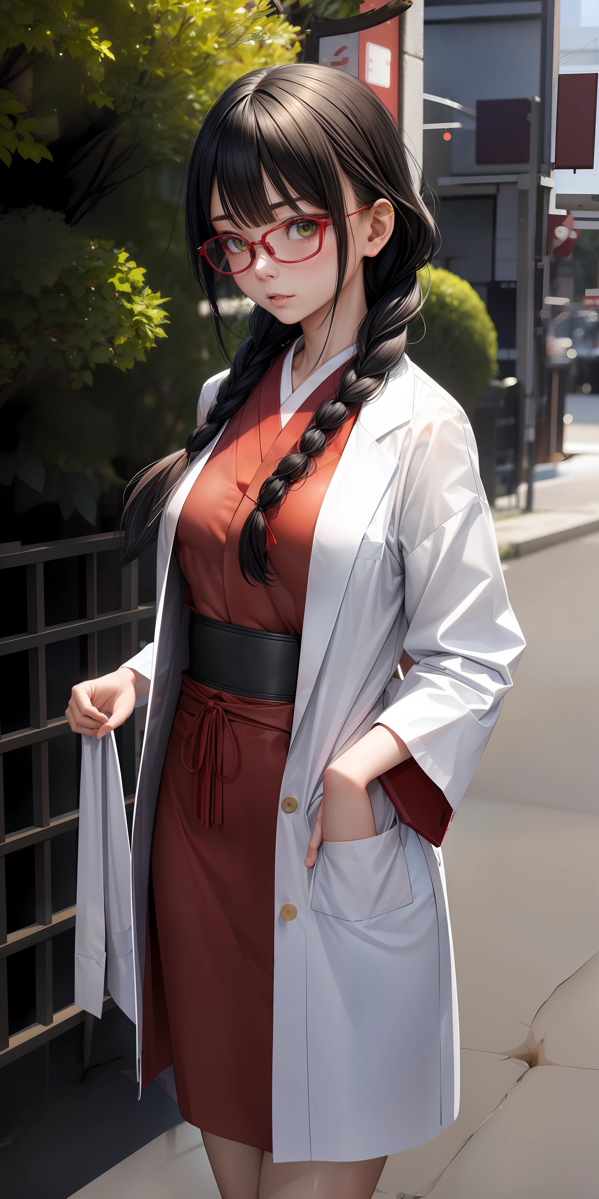 A 25-year-old Japanese woman, thin build, small breasts, black hair, braided hair with bangs, green eyes, red glasses, wearing a doctor&#39;s gown. Make a serious, hasty expression walking