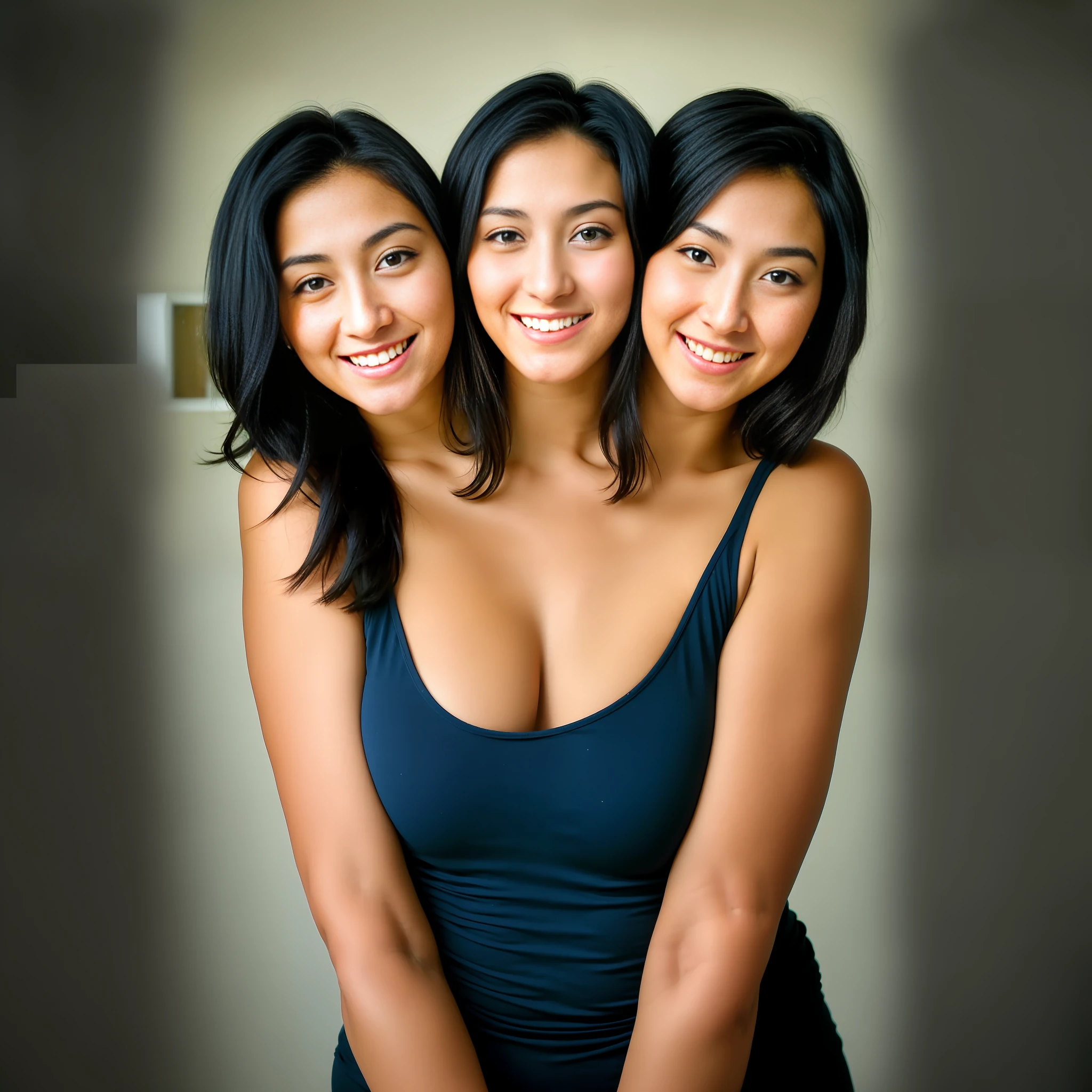 Realistic photograph, 3heads, a woman posing for a picture, blue tanktop, curvy arms, black hair, incredibly beautiful, strong pose, strange body, very beautiful, arms to the side, curvy arms, multiple arms, four shoulders, armpits fused to shoulders, normal hands, slender body, identical faces, 21 years old, upper body shoot, korean