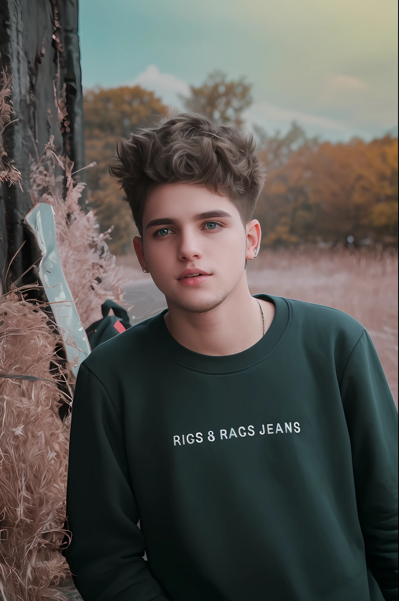 White Emo boy mullet Brown Hair showing his crop top, in street , HD, 4k , details
