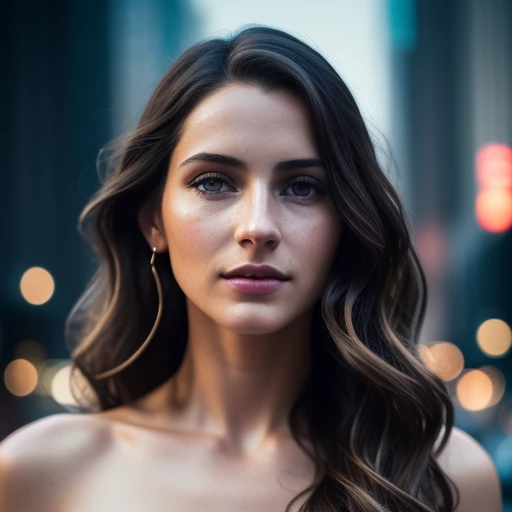 Cinematic film still, photo of a 25 years old european girl, RAW, beautiful woman, (extra long wavy brown hair), ((portrait)), ((detailed face:1.2)), ((detailed facial features)), (finely detailed skin), pale skin, toned abs, slim body, big perfect breasts, armpit crease, high detailed deep cleavage cyberpunk dress outfit, megacity environment, (cold colors), damp, moist, reflections, (masterpiece) (perfect proportion)(realistic photo)(best quality) (detailed) photographed on a Canon EOS R5, 50mm lens, F/2.8, HDR, (8k) (wallpaper) (cinematic lighting) (dramatic lighting) (sharp focus) (intricate)