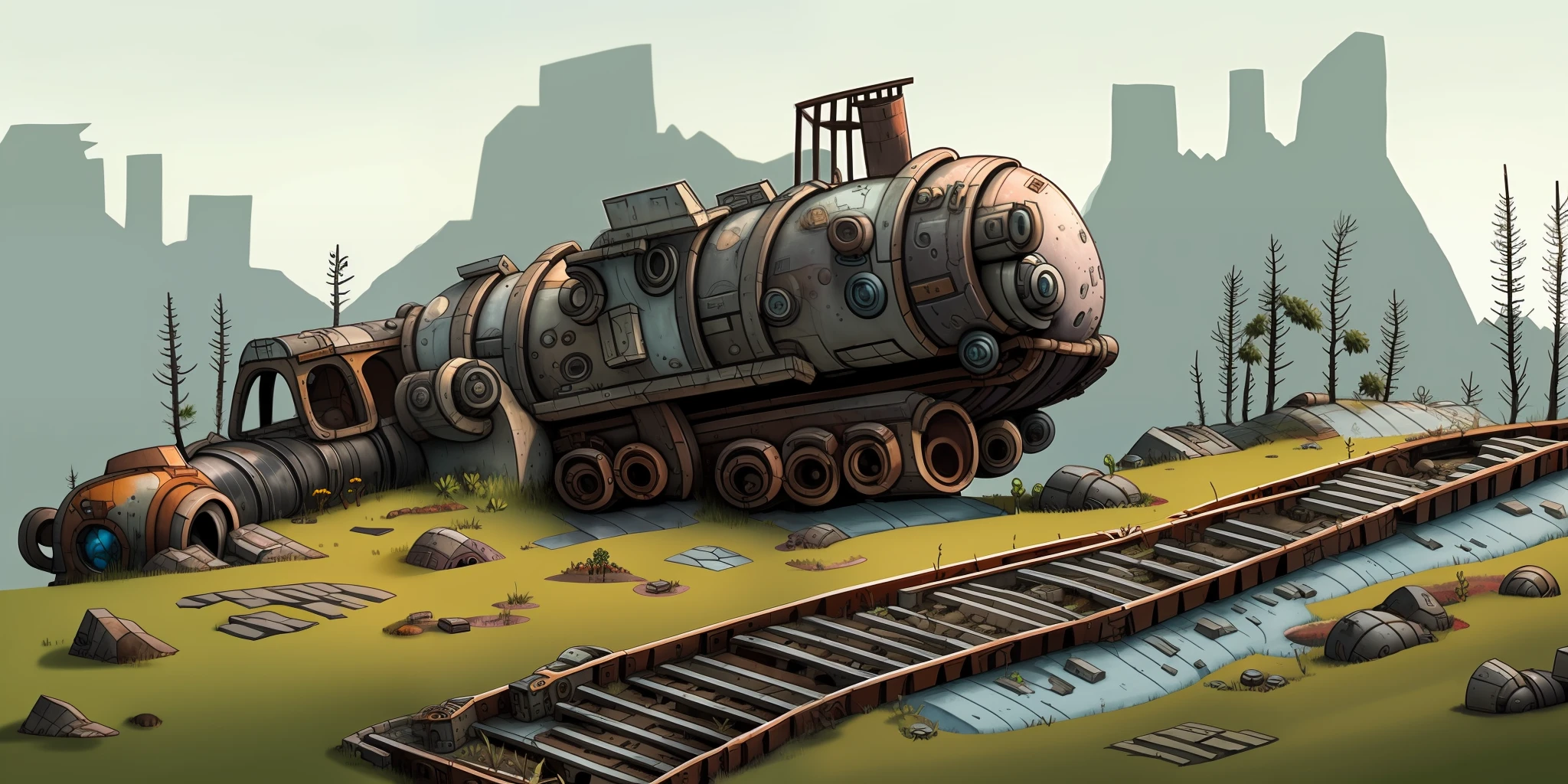 best quality, desolated, confident drawing inspired by Factorio, Tundra Biome, unconventional flora, balanced composition, perfect perspective, distinct, hand-drawing imitation, (railroad, an overgrown rolling-stocks), derelict, burnt trees, collapsed cliffs, tree breaking through the wall, puddles, ((dramatic)) scenery, streamlined setting, the ruins of the city are visible in the distance, [fov inspired by Machinarium]