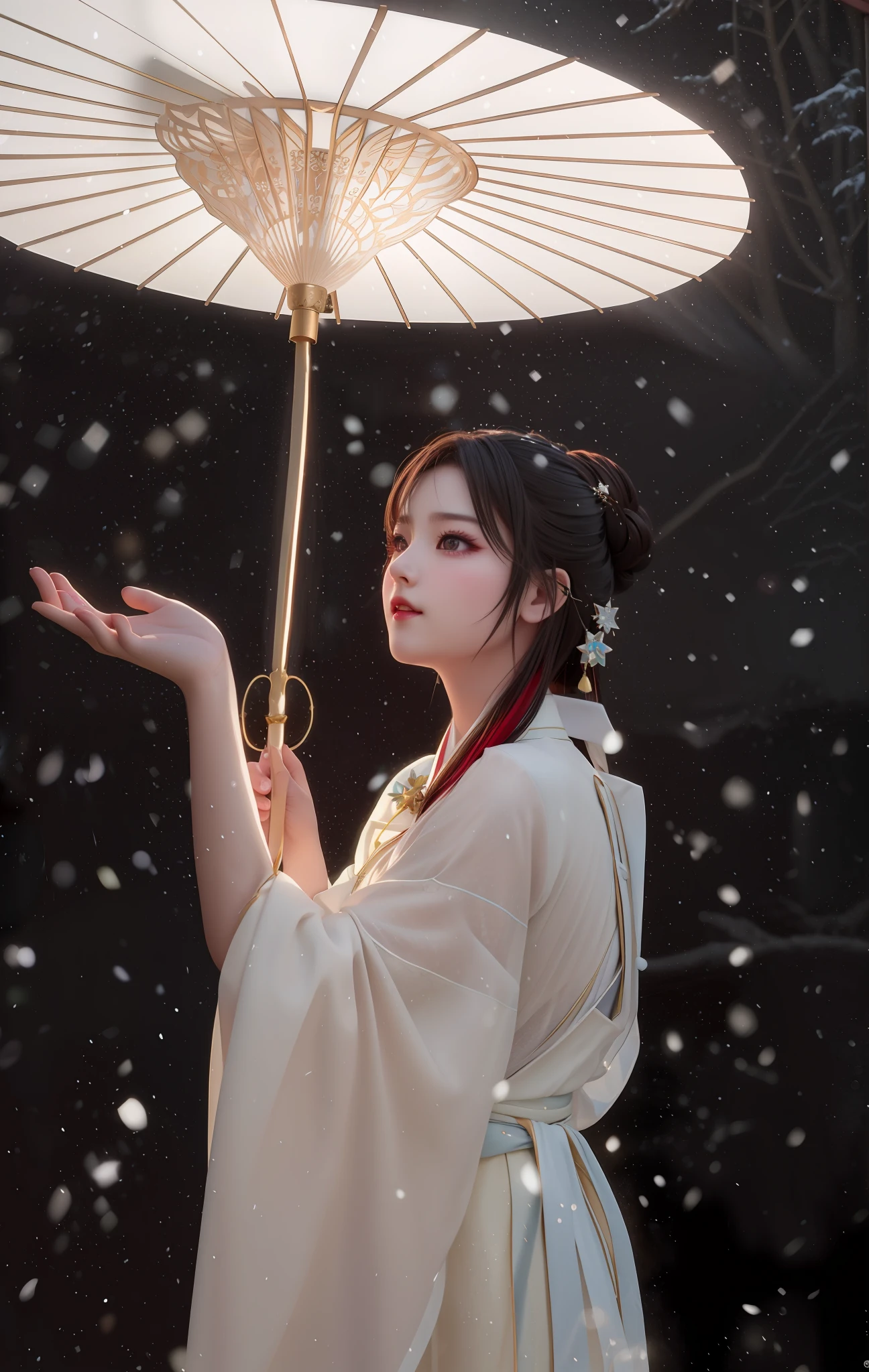 best quality, masterpiece, highres, 1girl,blush,(seductive smile:0.8),star-shaped pupils,china hanfu,hair ornament, Beautiful face,upon_body, tyndall effect,photorealistic, dark studio, rim lighting, two tone lighting,(high detailed skin:1.2), 8k uhd, dslr, soft lighting, high quality,snow fall,beautiful umbrella, volumetric lighting, candid, Photograph, high resolution, 4k, 8k, Bokeh