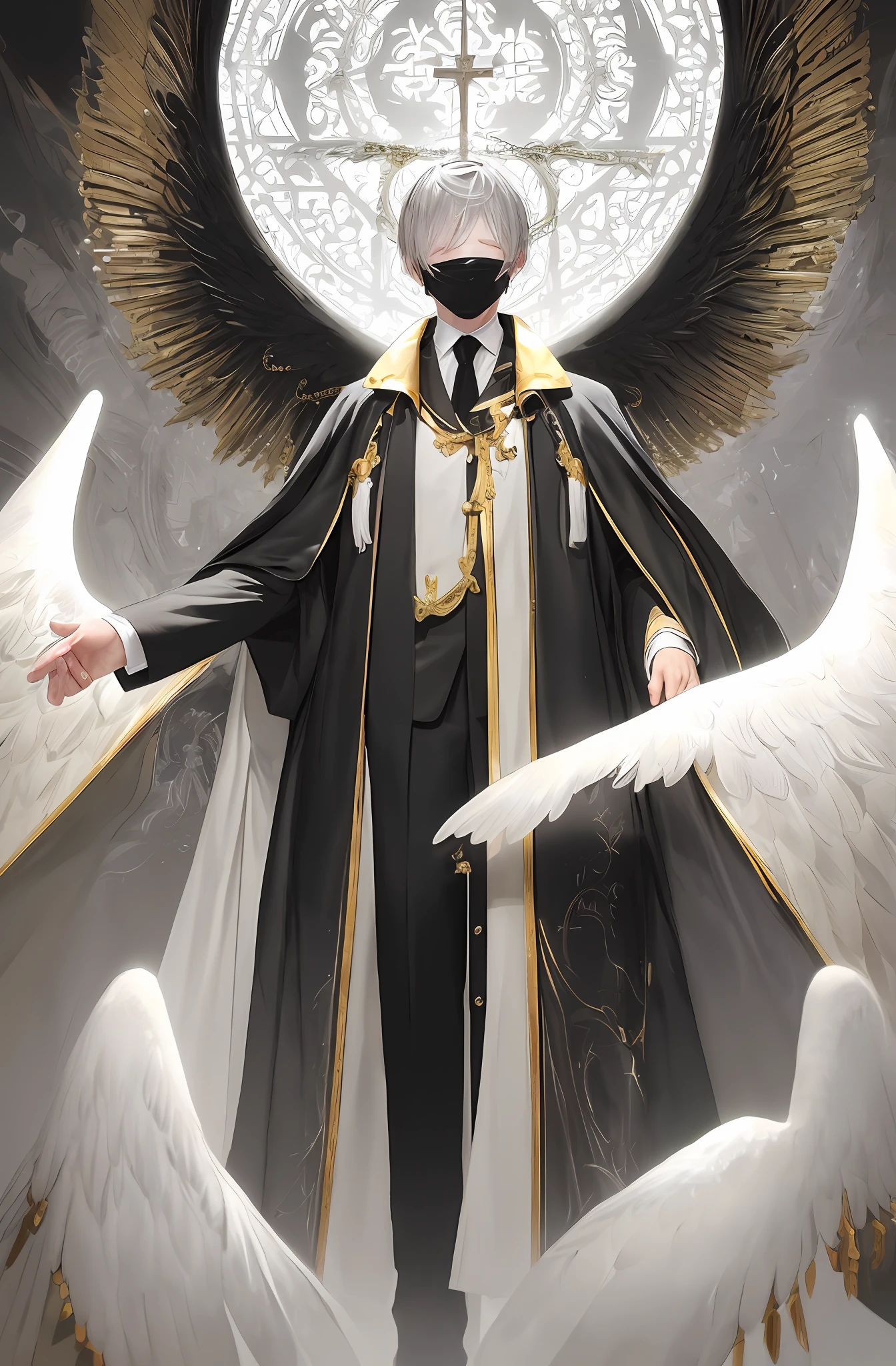 Realistic artwork, male 1, gray hair color, short side parted hairstyle, white skin, a blindfold completely covering his eyes, a crucifix hanging from his neck, wearing a suit and tie, a gold ring on his index finger , angel wings on his head located on his ears, golden cloak, elegant black boots, an aura of light around him,