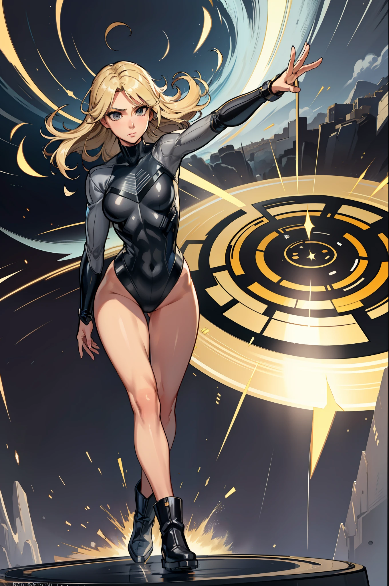 masterpiece, best quality, agrias, grey sweater, black leotard, twirl, spin, blonde hair, superhero, boots, tornado, whirlwind, solo, bare legs, whirl, wind effects, spinning into a tornado, fast spin, stand, time travel, travelling through time, highleg, perfect hands, perfect fingers