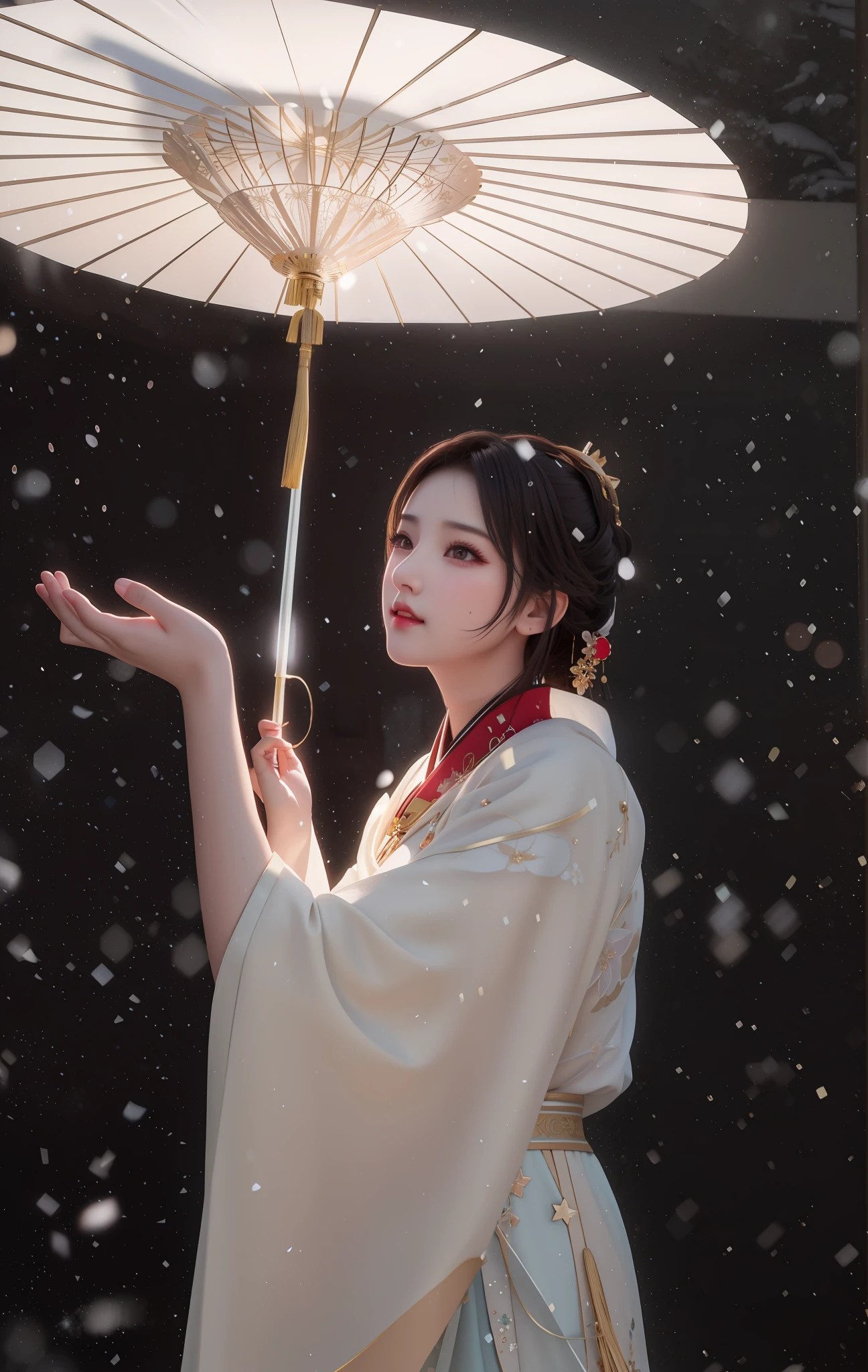 best quality, masterpiece, highres, 1girl,blush,(seductive smile:0.8),star-shaped pupils,china hanfu,hair ornament, Beautiful face,upon_body, tyndall effect,photorealistic, dark studio, rim lighting, two tone lighting,(high detailed skin:1.2), 8k uhd, dslr, soft lighting, high quality,snow fall,beautiful umbrella, volumetric lighting, candid, Photograph, high resolution, 4k, 8k, Bokeh