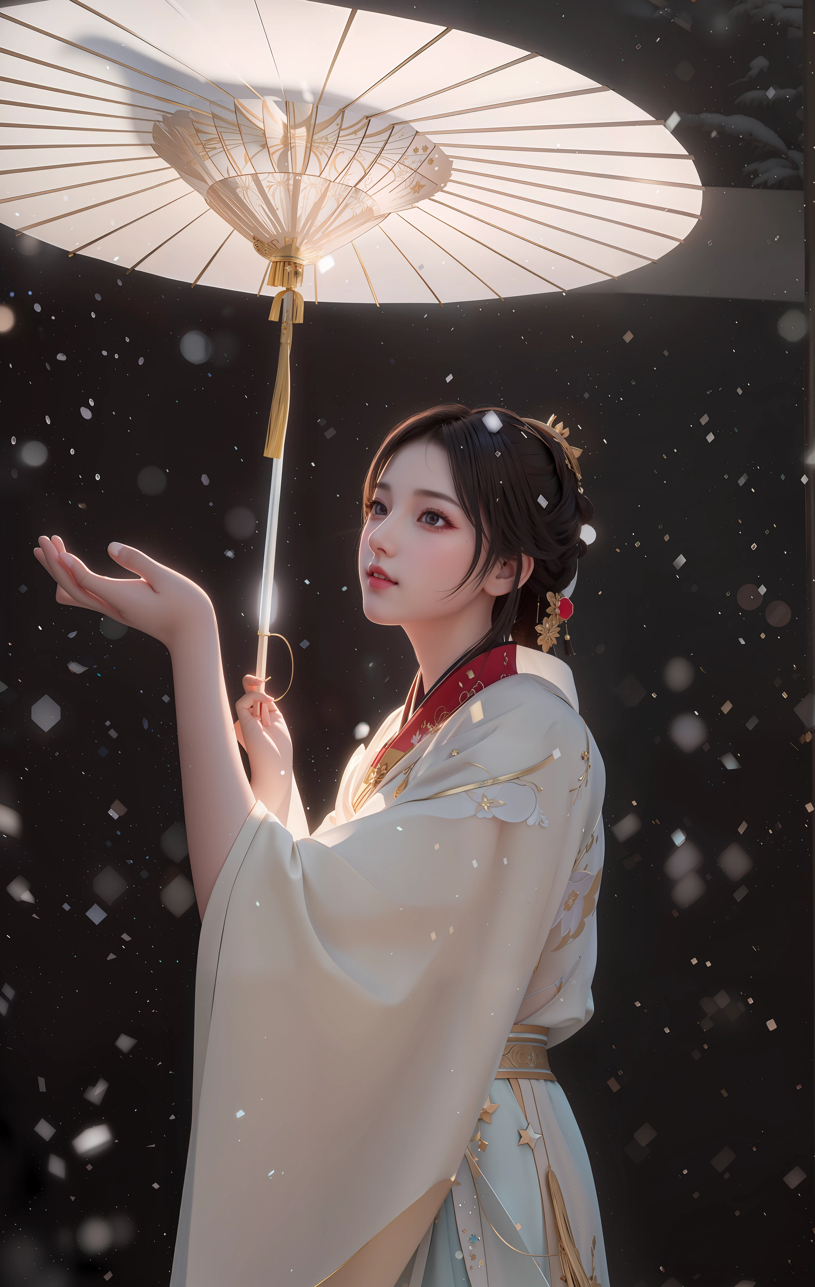 best quality, masterpiece, highres, 1girl,blush,(seductive smile:0.8),star-shaped pupils,china hanfu,hair ornament, Beautiful face,upon_body, tyndall effect,photorealistic, dark studio, rim lighting, two tone lighting,(high detailed skin:1.2), 8k uhd, dslr, soft lighting, high quality,snow fall,beautiful umbrella, volumetric lighting, candid, Photograph, high resolution, 4k, 8k, Bokeh