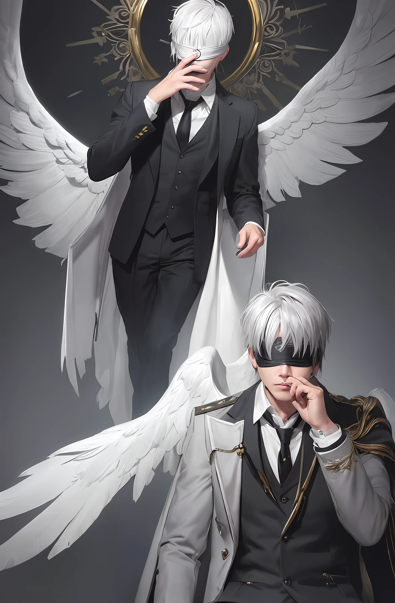 Realistic artwork, male 1, gray hair color, short side parted hairstyle, white skin, a blindfold completely covering his eyes, a crucifix hanging from his neck, wearing a suit and tie, a gold ring on his index finger , angel wings on his head located on his ears, golden cloak, elegant black boots, an aura of light around him,