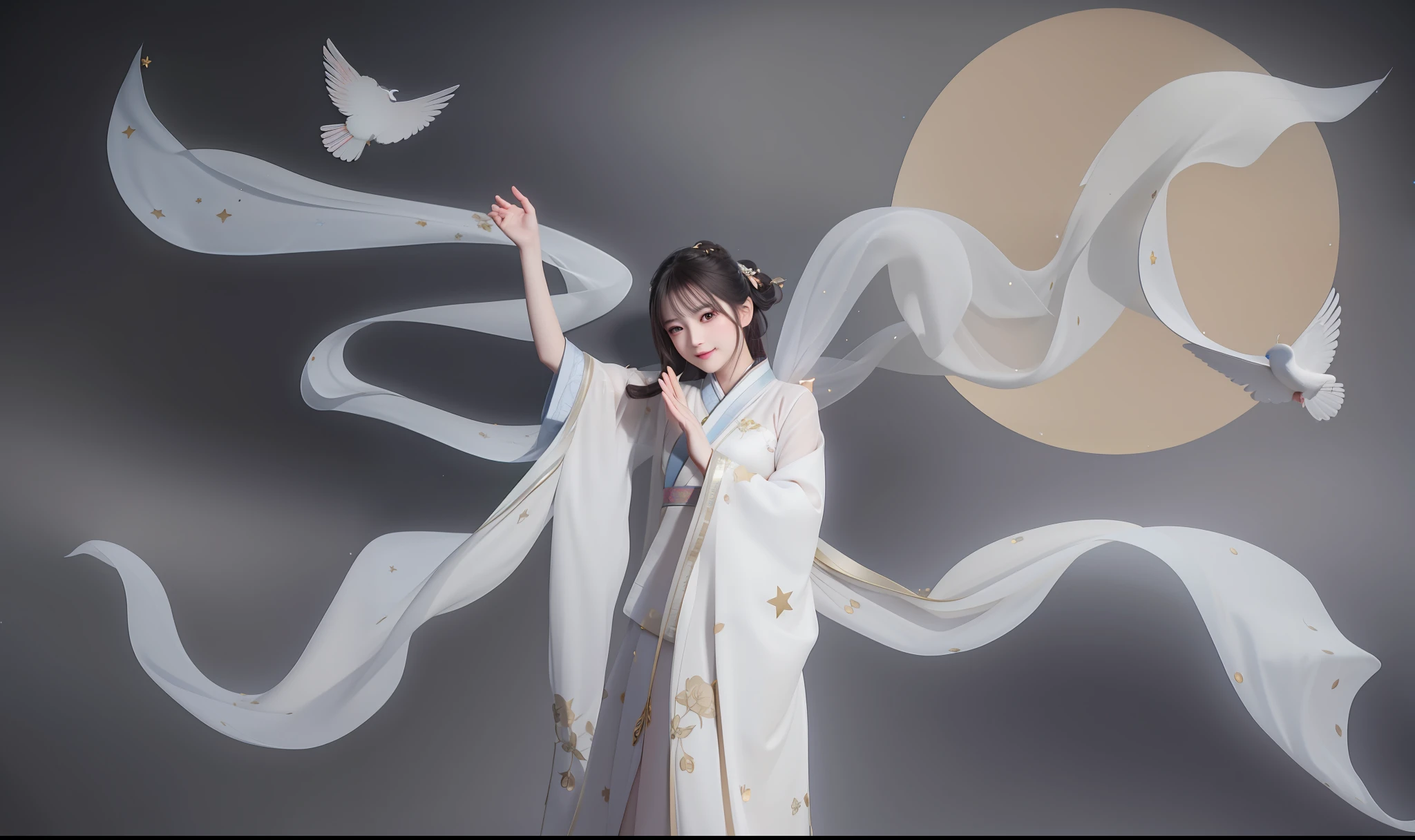 best quality, masterpiece, highres, 1girl,blush,(seductive smile:0.8),star-shaped pupils,china hanfu,hair ornament, Beautiful face,upon_body, tyndall effect,photorealistic, dark studio, rim lighting, two tone lighting,(high detailed skin:1.2), 8k uhd, dslr, soft lighting, high quality, volumetric lighting, candid, Photograph, high resolution, 4k, 8k, Bokeh,beautiful bird,soft fabric