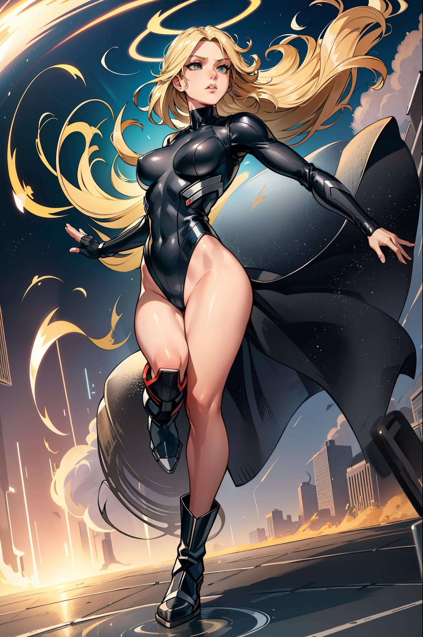 masterpiece, best quality, agrias, grey sweater, black leotard, twirl, spin, blonde hair, superhero, boots, tornado, whirlwind, solo, bare legs, whirl, wind effects, spinning into a tornado, fast spin, stand, time travel, travelling through time, highleg, perfect hands, perfect fingers