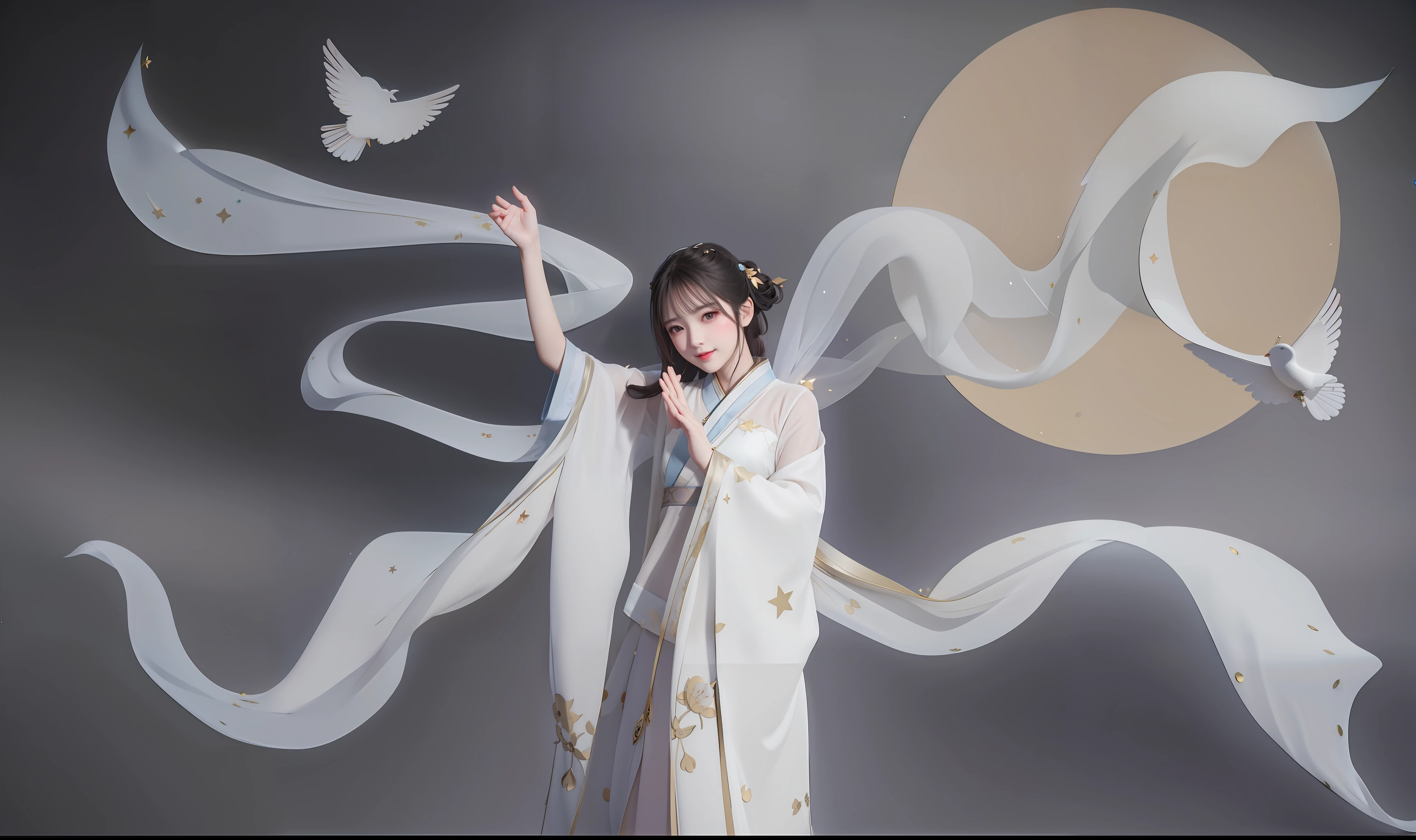 best quality, masterpiece, highres, 1girl,blush,(seductive smile:0.8),star-shaped pupils,china hanfu,hair ornament, Beautiful face,upon_body, tyndall effect,photorealistic, dark studio, rim lighting, two tone lighting,(high detailed skin:1.2), 8k uhd, dslr, soft lighting, high quality, volumetric lighting, candid, Photograph, high resolution, 4k, 8k, Bokeh,beautiful bird,soft fabric
