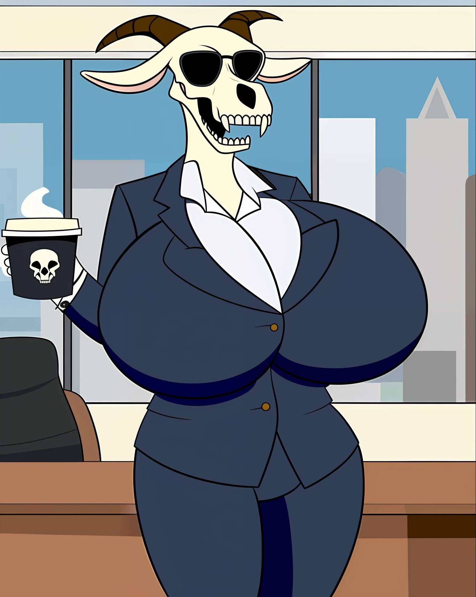Anthro goat, skull head, female, (gigantic breasts), (breast expansion), business suit, detailed background, office background, sunglasses, cartoon style, flat shading, holding coffee cup