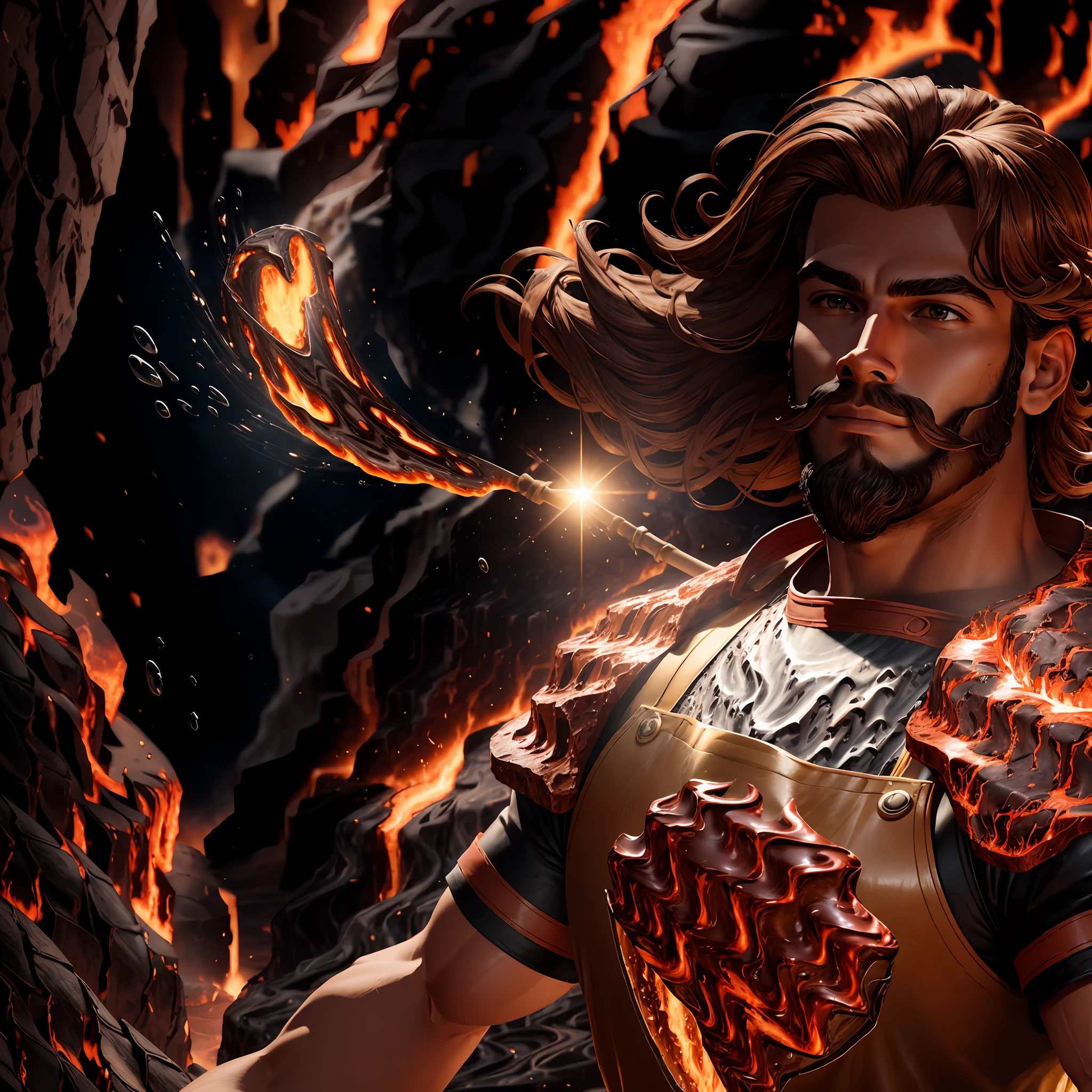 masterpiece, highest quality, solo focus, (perfect face:1.1) , (high detail:1.1), (dramatic, 1.5), 1 muscular male:1.3, (brown hair:1.2), (brown beard), (deeply tanned skin), (hammer:1.3), (in leather apron), (outdoors in full sun), ((bright light:1.5)), ((lava:1.4)), hyper detailed, digital art, studio quality, smooth render, unreal engine 5 render, octane render, 8K, particle effects,
