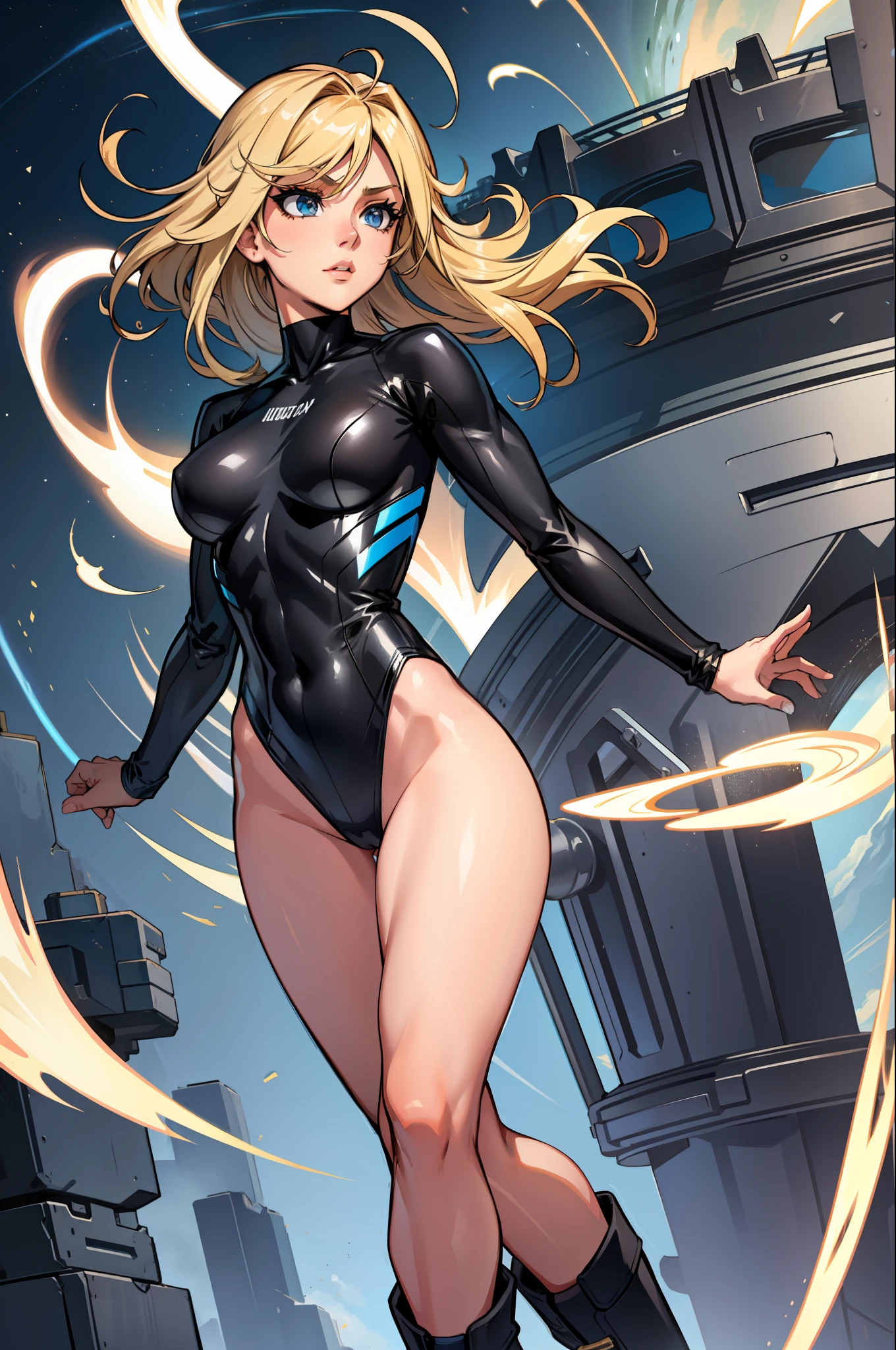 masterpiece, best quality, agrias, grey sweater, black leotard, twirl, spin, blonde hair, superhero, boots, tornado, whirlwind, solo, bare legs, whirl, wind effects, spinning into a tornado, fast spin, stand, time travel, travelling through time, highleg, perfect hands, perfect fingers, highleg leotard, powering up