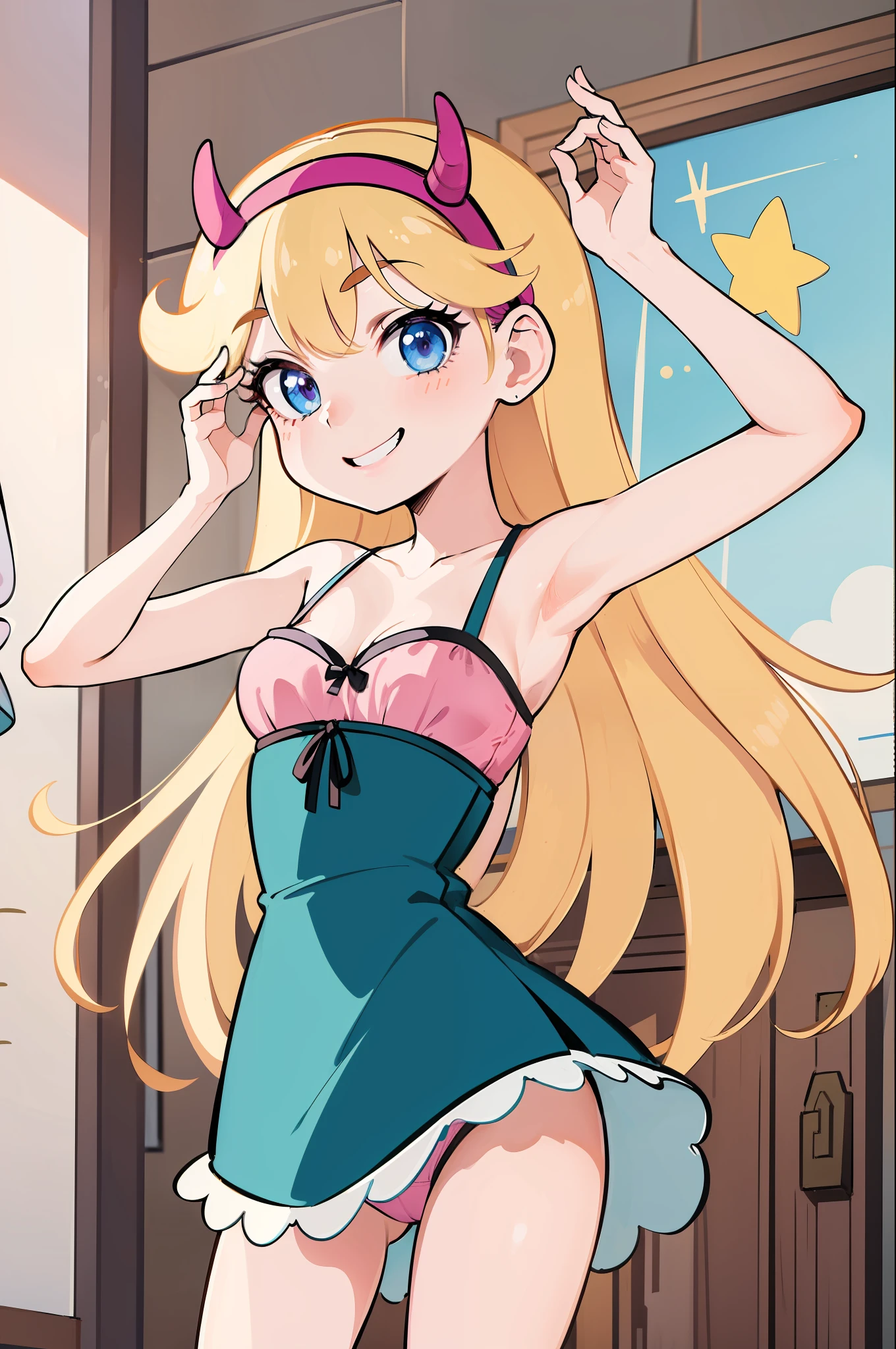 (masterpiece, best quality, high resolution:1.4), 1girl, woman, star butterfly, horn hairband, smile, looking at viewer, hands lifting up dress, pink panties, bikini