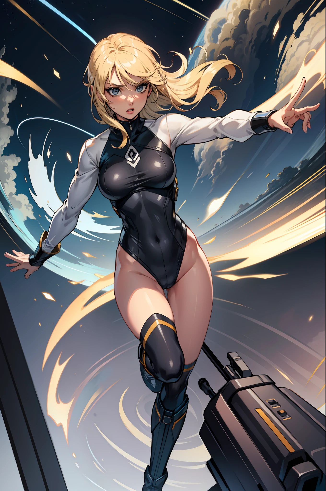masterpiece, best quality, agrias, grey sweater, black leotard, twirl, spin, blonde hair, superhero, boots, tornado, whirlwind, solo, bare legs, whirl, wind effects, spinning into a tornado, fast spin, stand, time travel, travelling through time, highleg, perfect hands, perfect fingers, highleg leotard, powering up