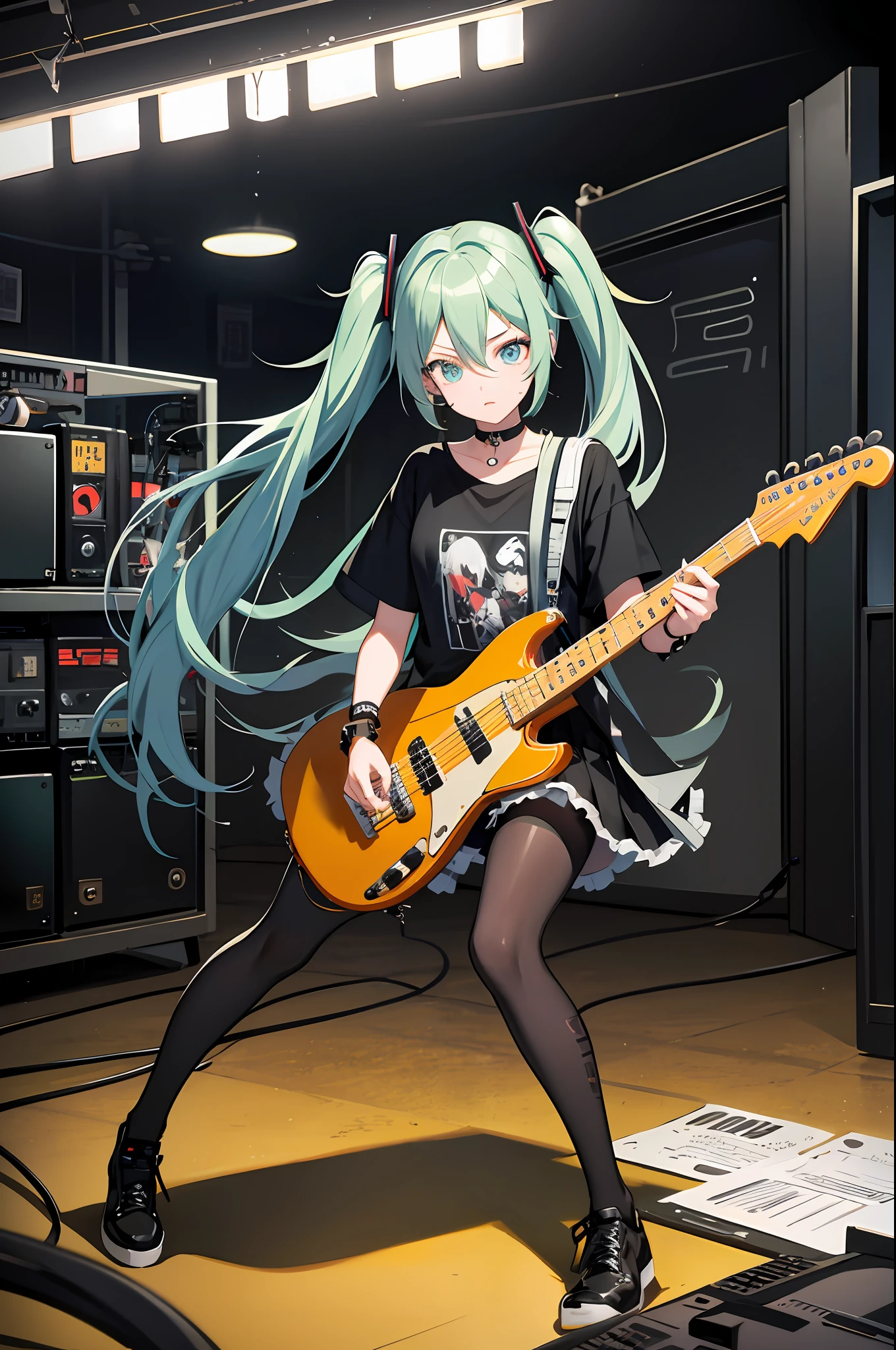 best quality, high resolution, hatsune miku, emo, mascara, black t-shirt, black skirt, pantyhose, high shoes, concert, black telecaster, guitar, studio, amplifier, messy room, cable, night, choker, piercings, Heavy eyeliner, dark eye make up, Pale complexion, spikes accessories, wristbands, complex baground, Flashing, Graffiti, Drinks,Posters, Backdrop, Soundboard, Underground, Crowded, Loud, Sweaty, Energetic, Moshing, narrow, indoor, black clothes