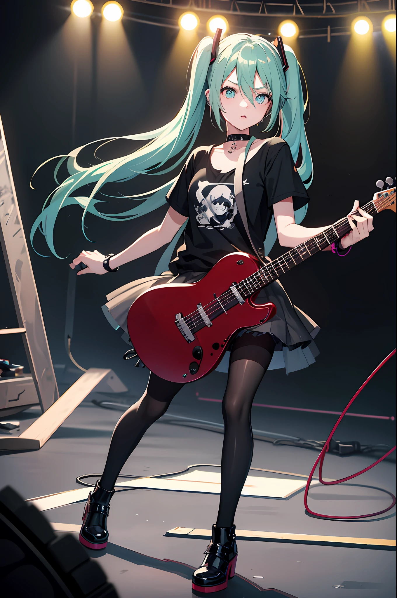 best quality, high resolution, hatsune miku, emo, mascara, black t-shirt, black skirt, pantyhose, high shoes, concert, black telecaster, guitar, studio, amplifier, messy room, cable, night, choker, piercings, Heavy eyeliner, dark eye make up, Pale complexion, spikes accessories, wristbands, complex baground, Flashing, Graffiti, Drinks,Posters, Backdrop, Soundboard, Underground, Crowded, Loud, Sweaty, Energetic, Moshing, narrow, indoor, black clothes