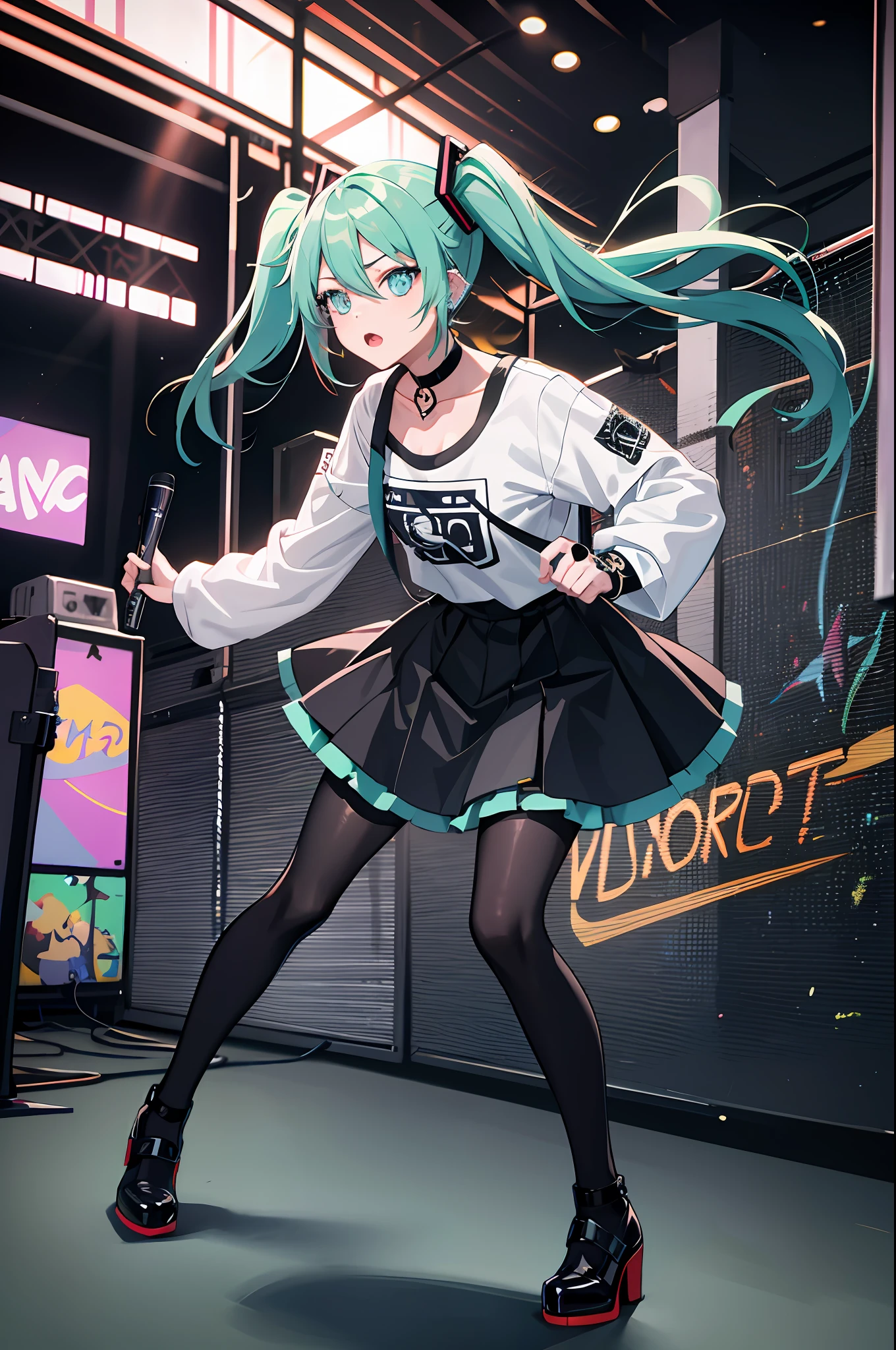 best quality, high resolution, hatsune miku, emo, mascara, black t-shirt, black skirt, pantyhose, high shoes, concert, black telecaster, guitar, studio, amplifier, messy room, cable, night, choker, piercings, Heavy eyeliner, dark eye make up, Pale complexion, spikes accessories, wristbands, complex baground, Flashing, Graffiti, Drinks,Posters, Backdrop, Soundboard, Underground, Crowded, Loud, Sweaty, Energetic, Moshing, narrow