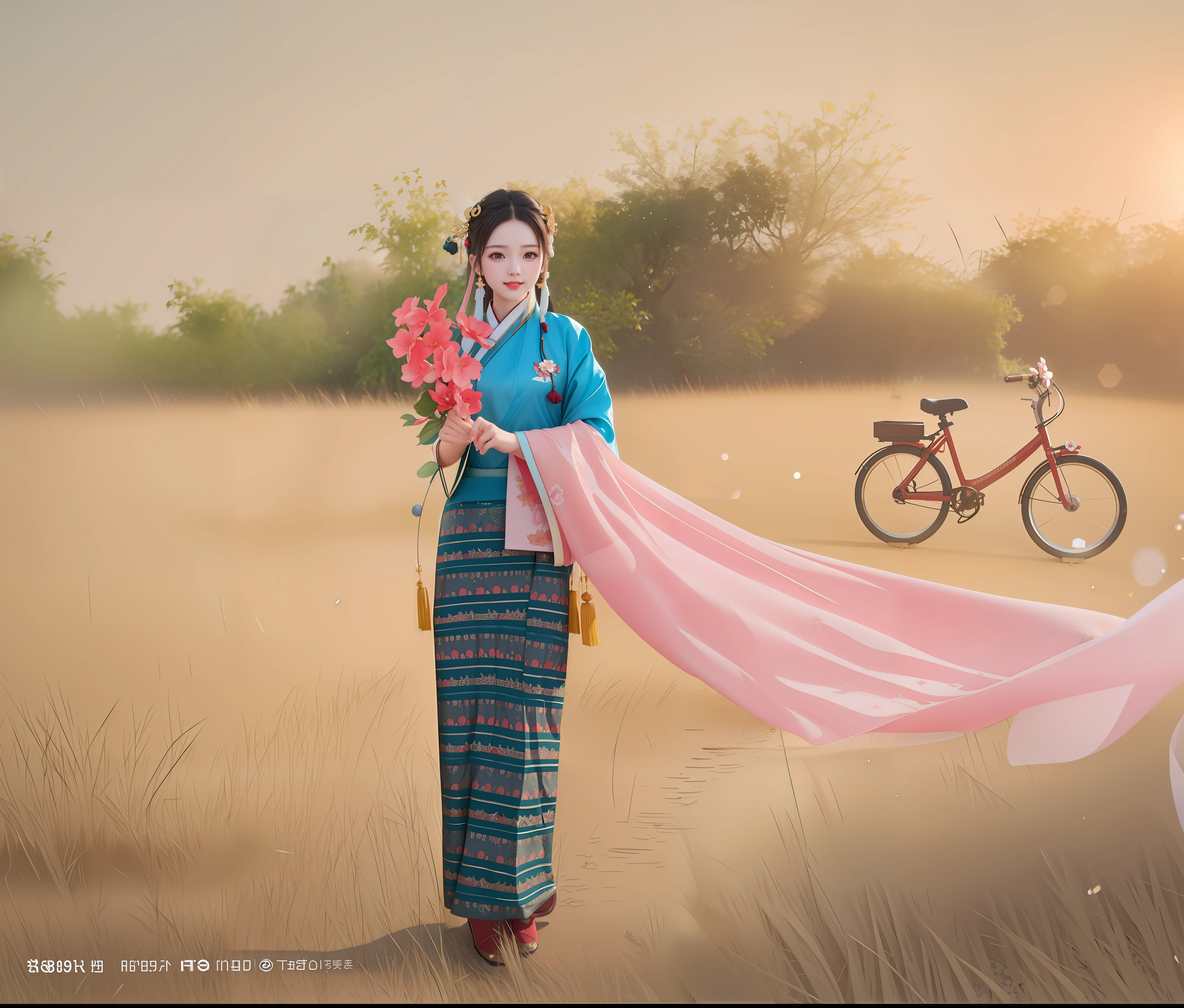 best quality, masterpiece, highres, 1girl,blush,(seductive smile:0.8),star-shaped pupils,china hanfu,hair ornament, Beautiful face,upon_body, tyndall effect,photorealistic, dark studio, rim lighting, two tone lighting,(high detailed skin:1.2), 8k uhd, dslr, soft lighting, high quality, volumetric lighting, candid, Photograph, high resolution, 4k, 8k, Bokeh,red bicycle,flower