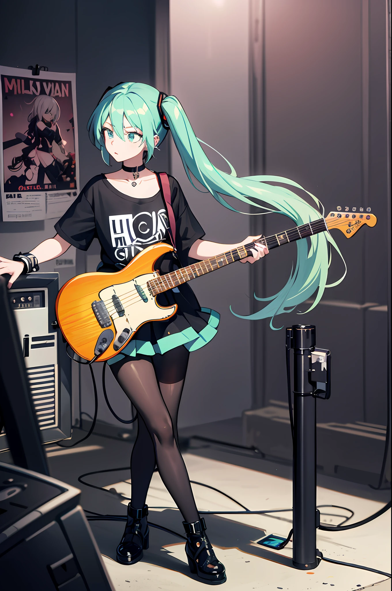 best quality, high resolution, hatsune miku, emo, mascara, black t-shirt, black skirt, pantyhose, high shoes, concert, black telecaster, guitar, studio, amplifier, messy room, cable, night, choker, piercings, Heavy eyeliner, dark eye make up, Pale complexion, spikes accessories, wristbands, complex baground, Flashing, Graffiti, Drinks,Posters, Backdrop, Soundboard