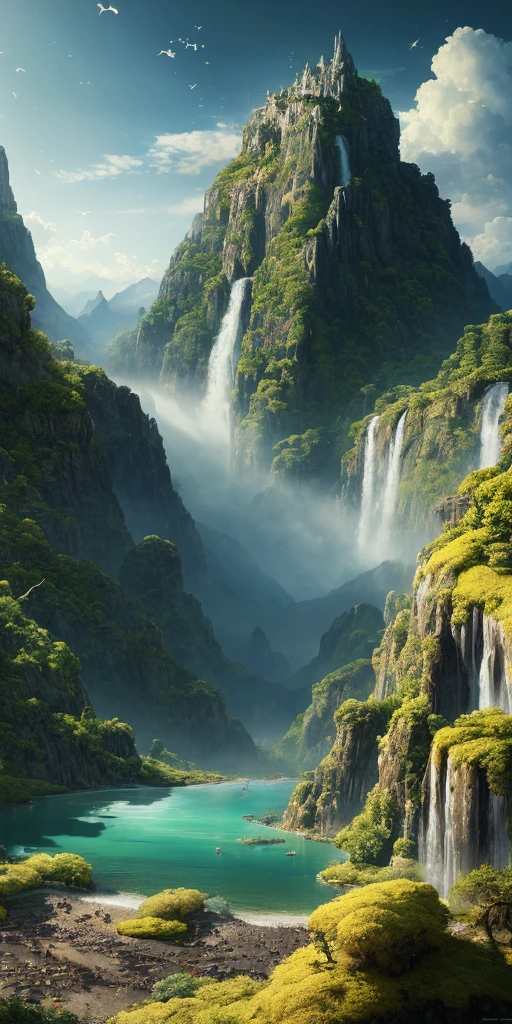 (((masterpiece))), best quality, high quality, extremely detailed CG unity 8k wallpaper, scenery, outdoors, sky, cloud, day, no humans, mountain, landscape, water, tree, blue sky, waterfall, cliff, nature, lake, river, cloudy sky,award winning photography, Bokeh, Depth of Field, HDR, bloom, Chromatic Aberration ,Photorealistic,extremely detailed, trending on artstation, trending on CGsociety, Intricate, High Detail, dramatic, art by midjourney