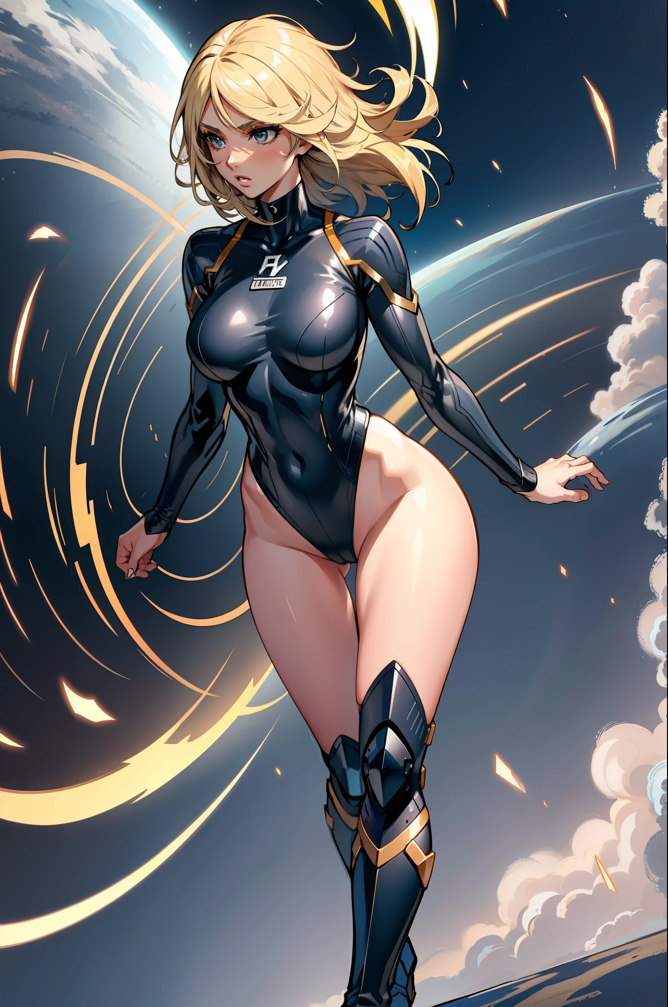 masterpiece, best quality, agrias, grey sweater, black leotard, twirl, spin, blonde hair, superhero, boots, tornado, whirlwind, solo, bare legs, whirl, wind effects, spinning into a tornado, fast spin, stand, time travel, travelling through time, highleg, perfect hands, perfect fingers, highleg leotard, powering up