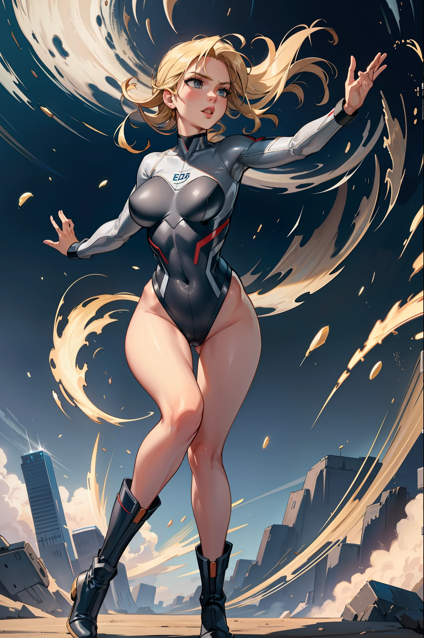 masterpiece, best quality, agrias, grey sweater, black leotard, twirl, spin, blonde hair, superhero, boots, tornado, whirlwind, solo, bare legs, whirl, wind effects, spinning into a tornado, fast spin, stand, time travel, travelling through time, highleg, perfect hands, perfect fingers, highleg leotard, powering up