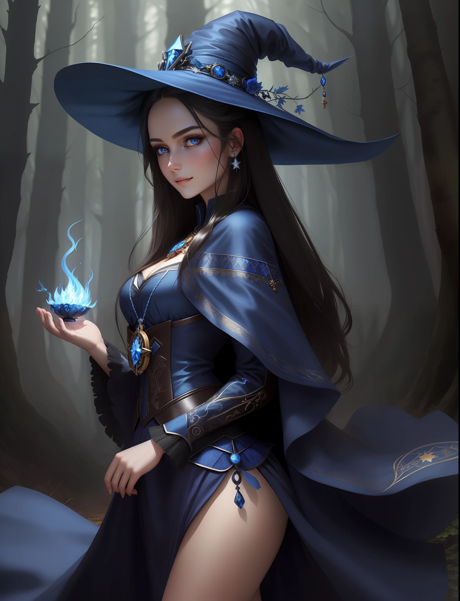 ((masterpiece)), ((best quality)), ((ultra-detailed)), illustration, Woman 1, young and sensual appearance, straight dark hair down to the back, deep blue eyes, black eyebrows, witch's dress, medallion in the shape of a star, blue fire in her hands, mischievous smile, intimidating look, background of a dark and gloomy forest, a trail of deep blue will-o'-the-wisp burning the forest, silver rings on her dense forefinger,