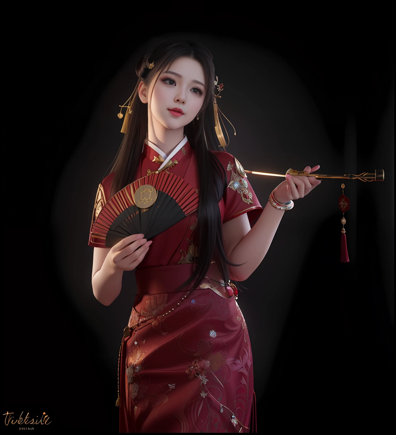 best quality, masterpiece, highres, 1girl,blush,(seductive smile:0.8),star-shaped pupils,china hanfu,hair ornament, Beautiful face,upon_body, tyndall effect,photorealistic, dark studio, rim lighting, two tone lighting,(high detailed skin:1.2), 8k uhd, dslr, soft lighting, high quality, volumetric lighting, candid, Photograph, high resolution, 4k, 8k, Bokeh,beautiful fan,beautiful pipe,red dress,smoke background