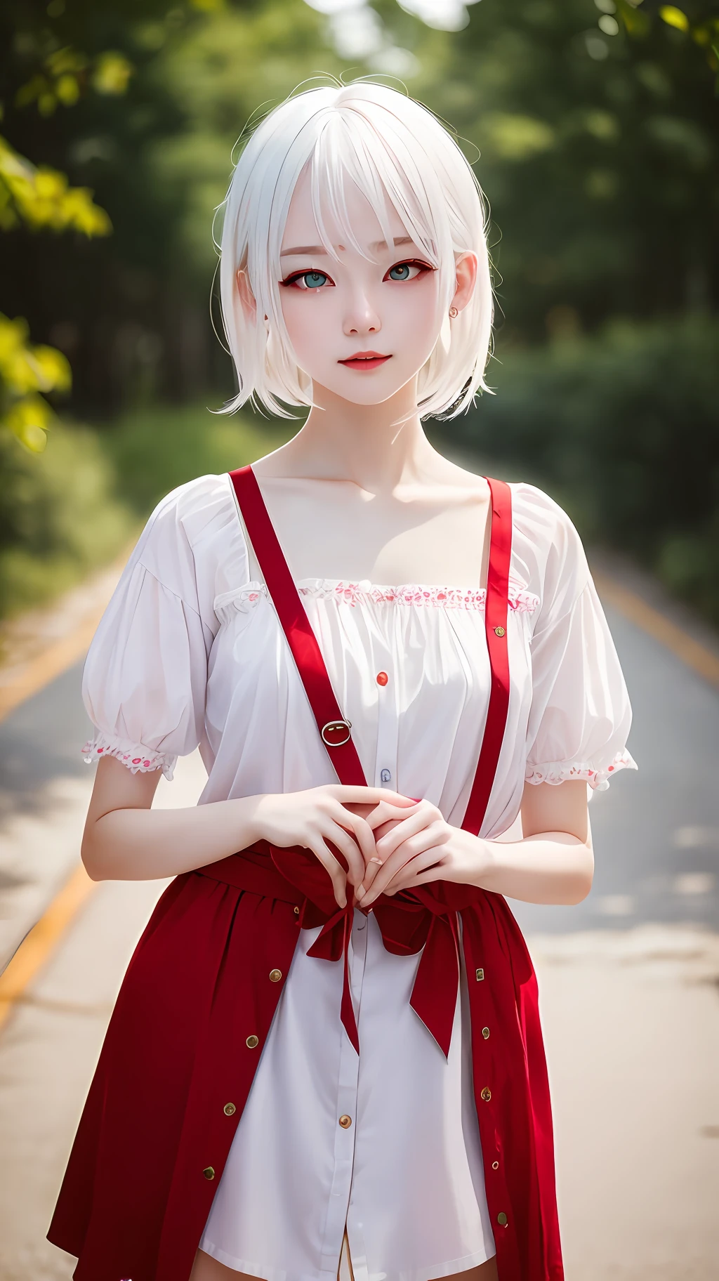 masterpiece, best quality, 1girl, full body, white hair, red eyes, shirts, outdoor, delicate, beautiful, colorful, vivid color, lighting, beautiful face, beautiful eyes, beautiful girl, delicate face, delicate girl, depth of field, blurry background, blurry foreground