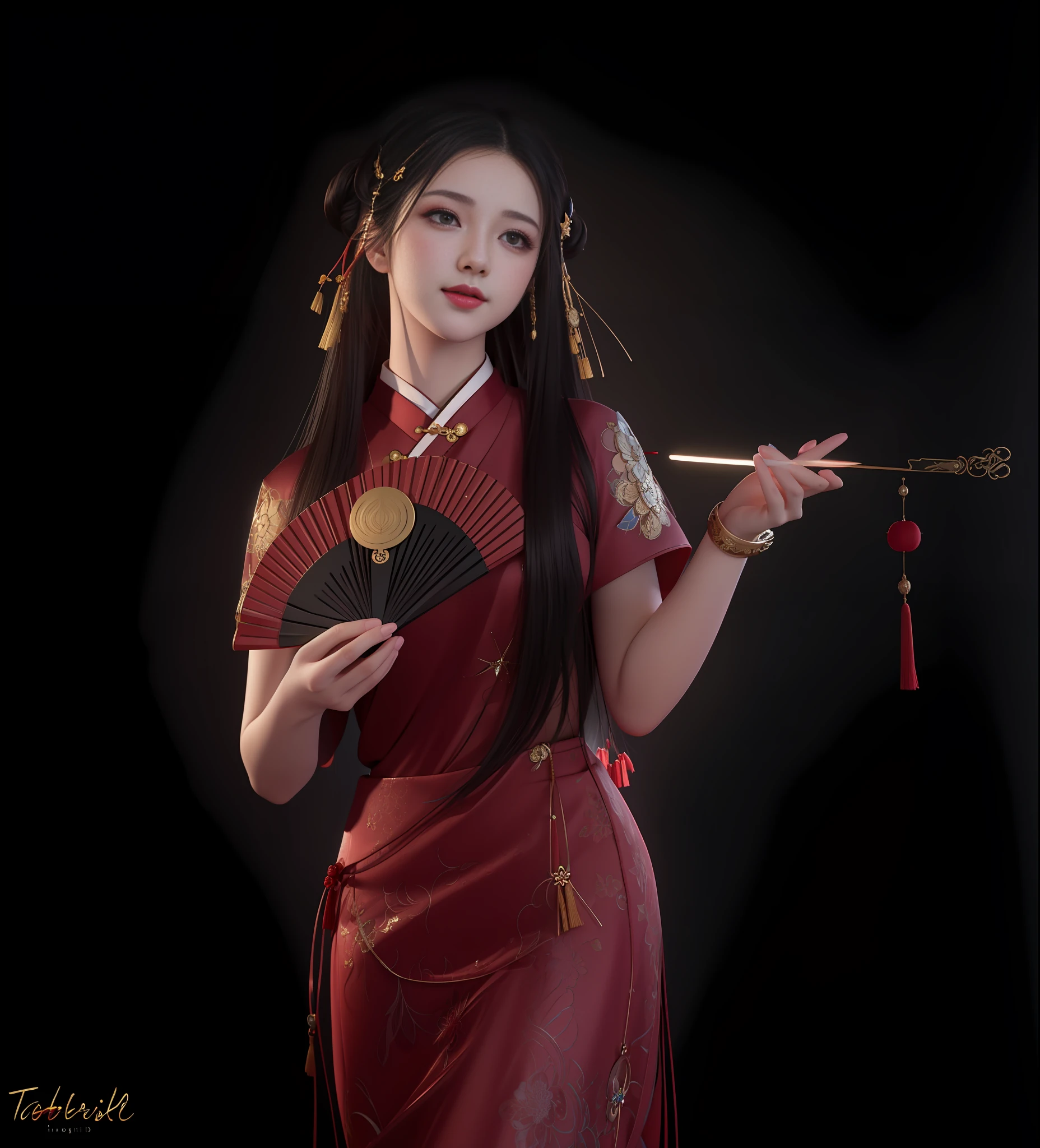 best quality, masterpiece, highres, 1girl,blush,(seductive smile:0.8),star-shaped pupils,china hanfu,hair ornament, Beautiful face,upon_body, tyndall effect,photorealistic, dark studio, rim lighting, two tone lighting,(high detailed skin:1.2), 8k uhd, dslr, soft lighting, high quality, volumetric lighting, candid, Photograph, high resolution, 4k, 8k, Bokeh,beautiful fan,beautiful pipe,red dress,smoke background